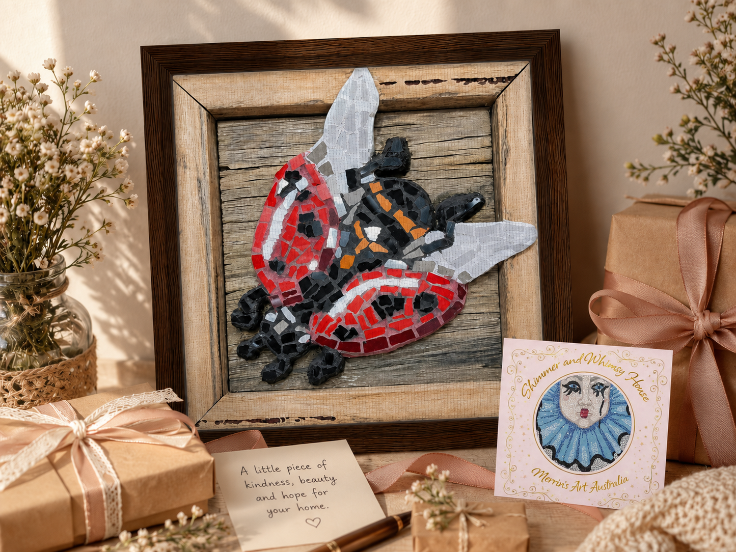 Lady Splendour Ladybug Mosaic Framed Canvas Print | Whimsical Ladybug Wall Art
