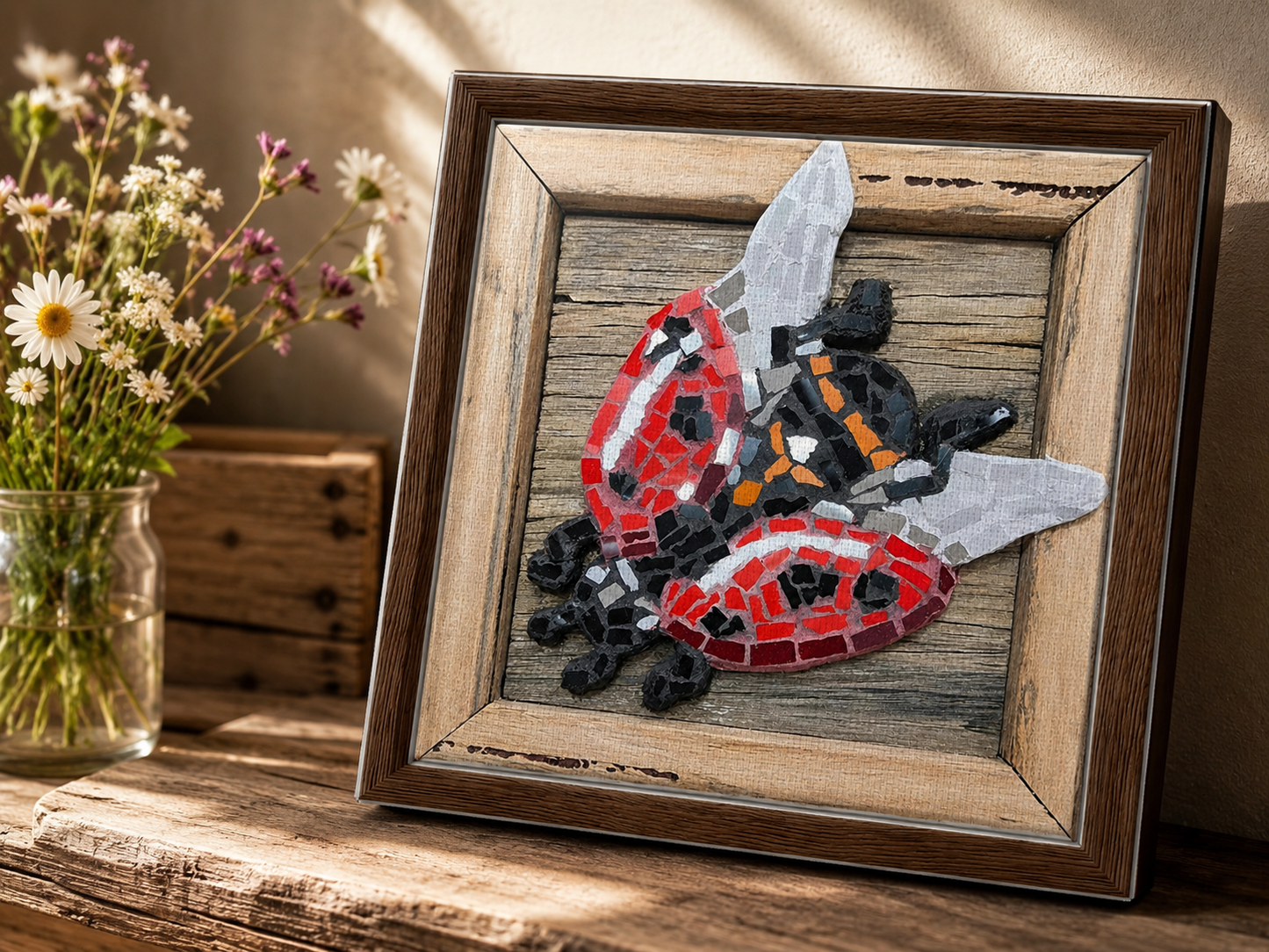 Lady Splendour Ladybug Mosaic Framed Canvas Print | Whimsical Ladybug Wall Art