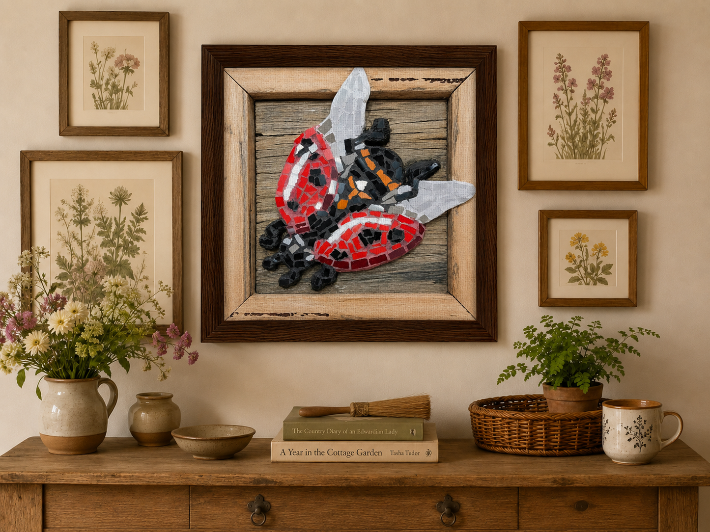Lady Splendour Ladybug Mosaic Framed Canvas Print | Whimsical Ladybug Wall Art