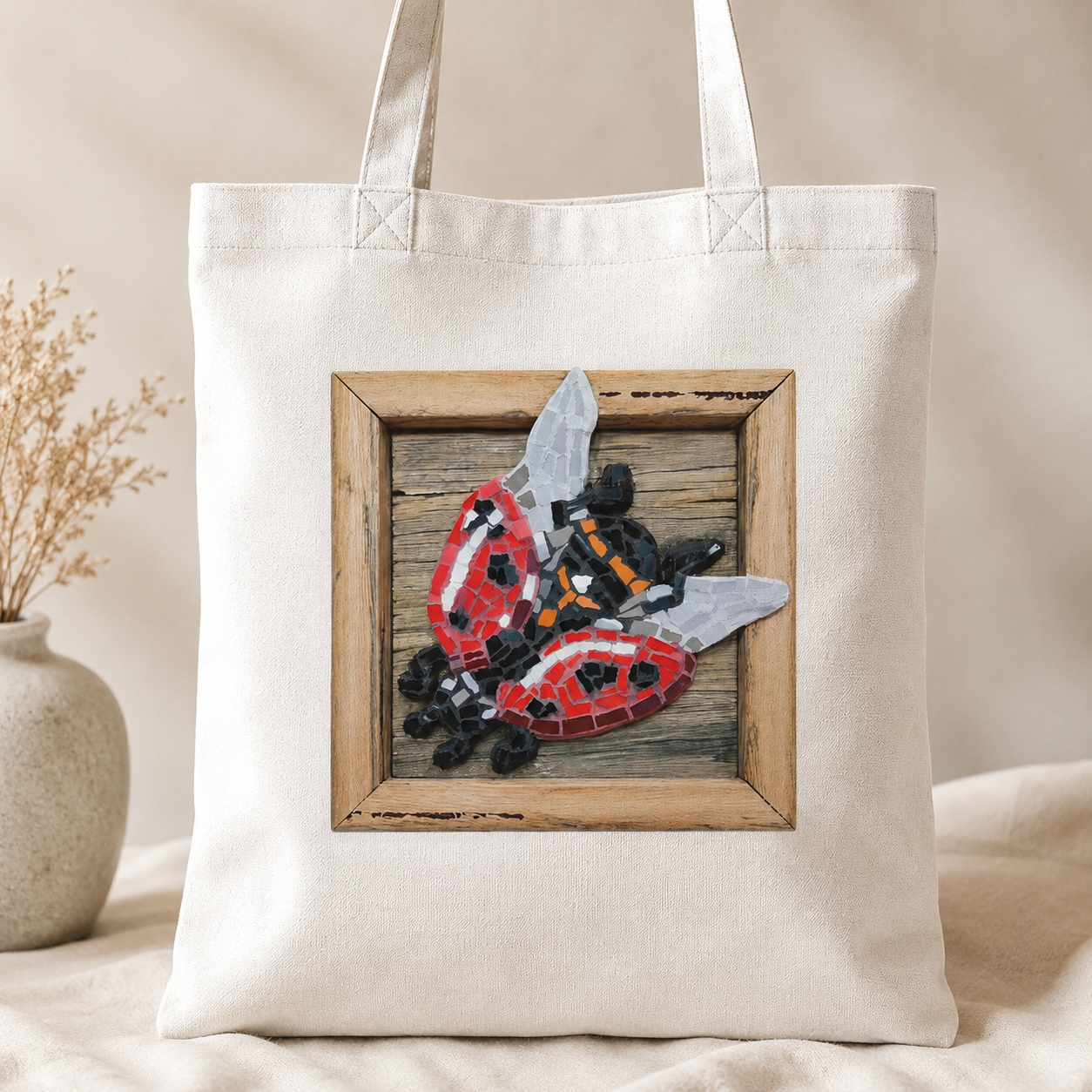 Lady Splendour Ladybug Mosaic Cotton Tote Bag | Whimsical Ladybug Art Tote