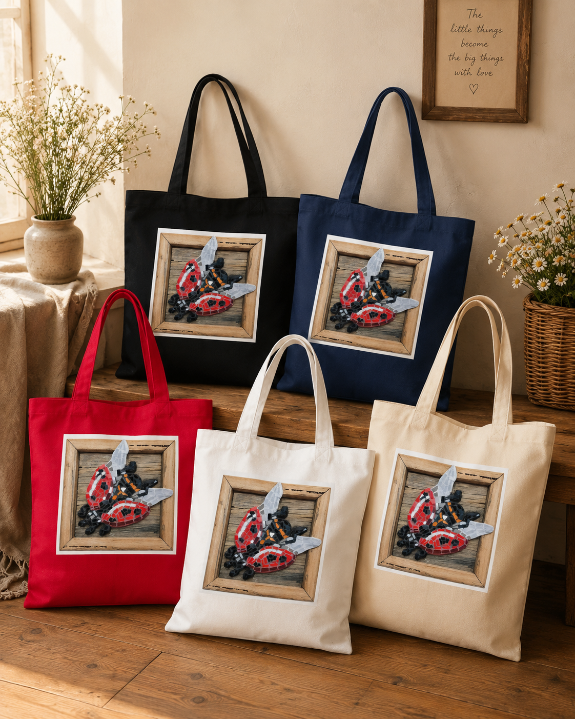 Lady Splendour Ladybug Mosaic Cotton Tote Bag | Whimsical Ladybug Art Tote
