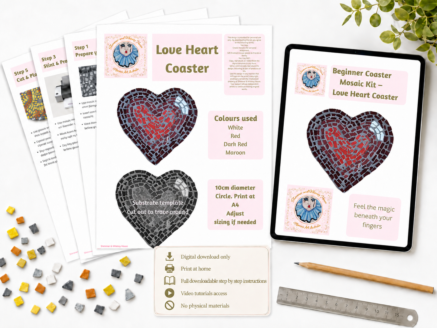 Love Heart Mosaic Coaster DIY Kit – 10cm Shaped | Beginner-Friendly  | 🌱 Level 1
