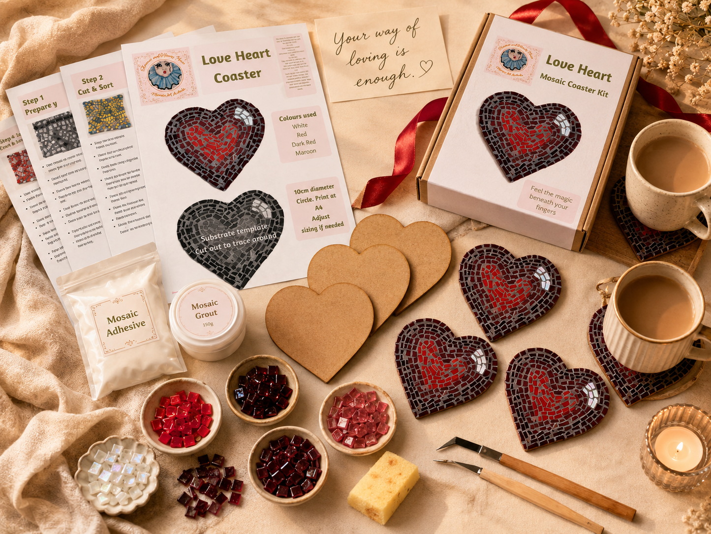 Love Heart Coasters Level 1 Physical Kit — Set of 4