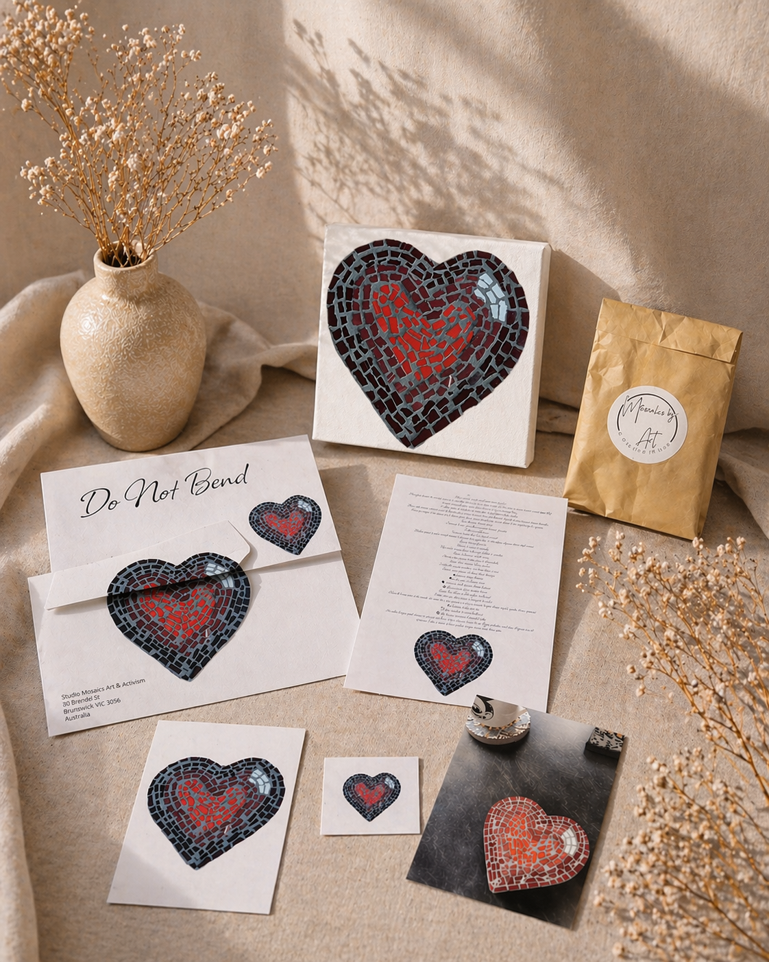 Heart-shaped mosaic coaster artwork Mosaic mail club Spread
art pieces on paper with a vase and dried flowers in the background.