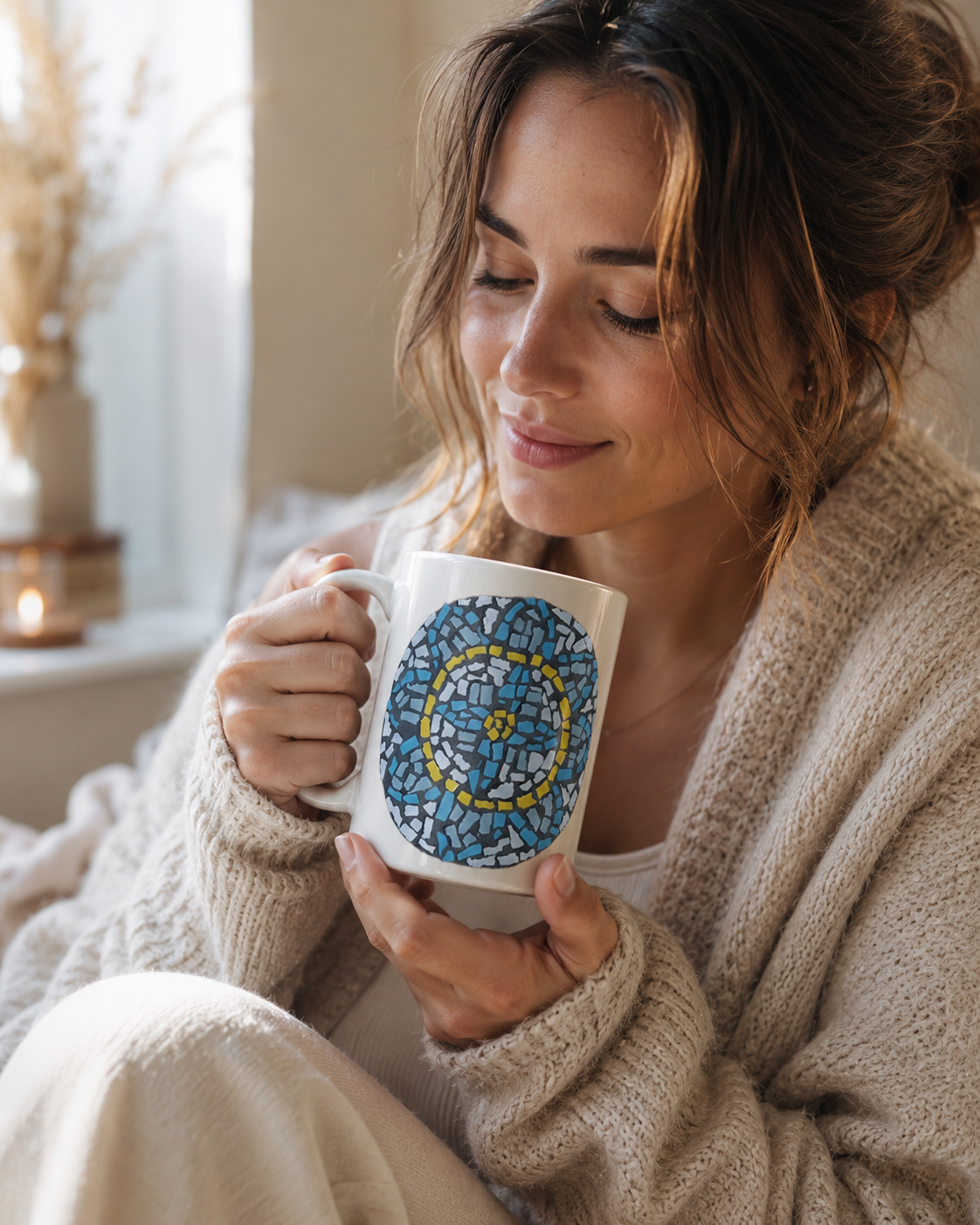 White 15oz Ceramic Mug | Mandala Coaster