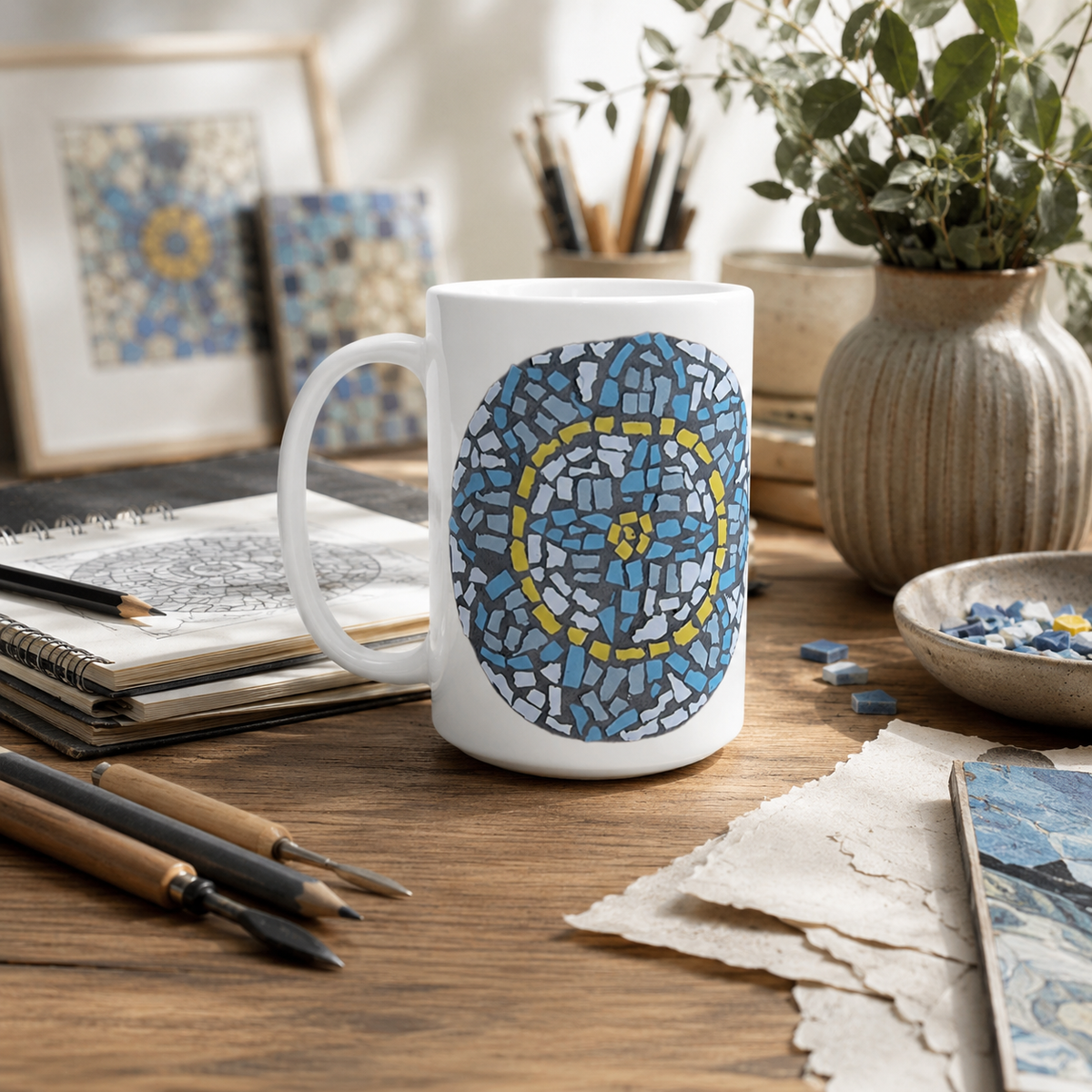 White 15oz Ceramic Mug | Mandala Coaster