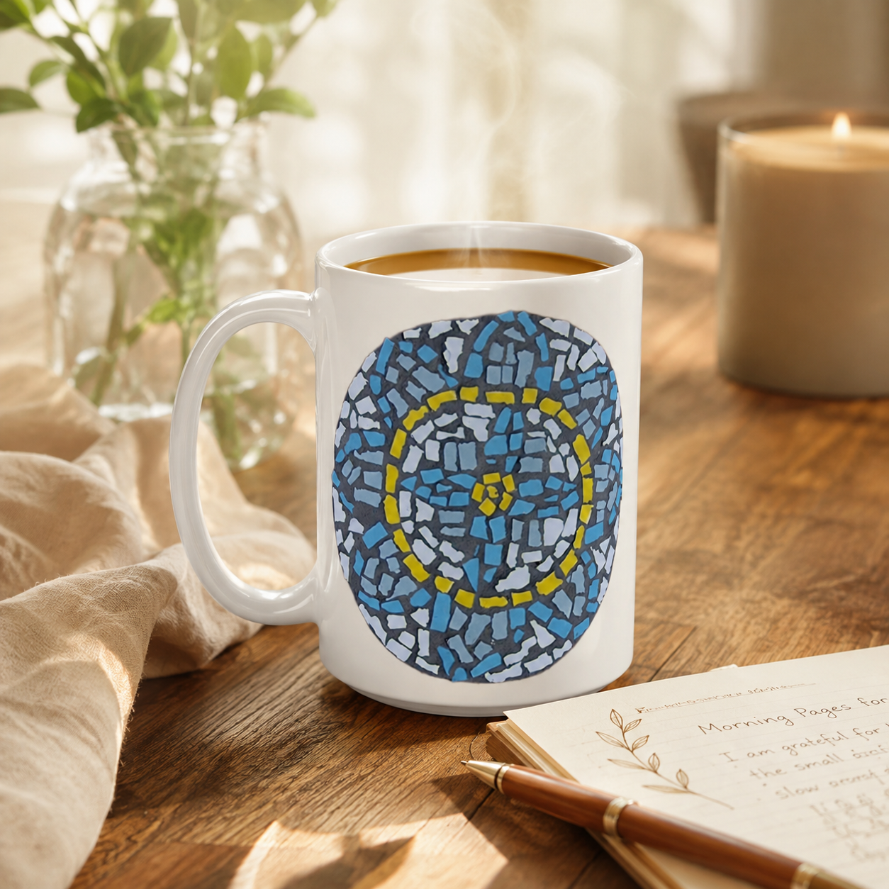 White 15oz Ceramic Mug | Mandala Coaster