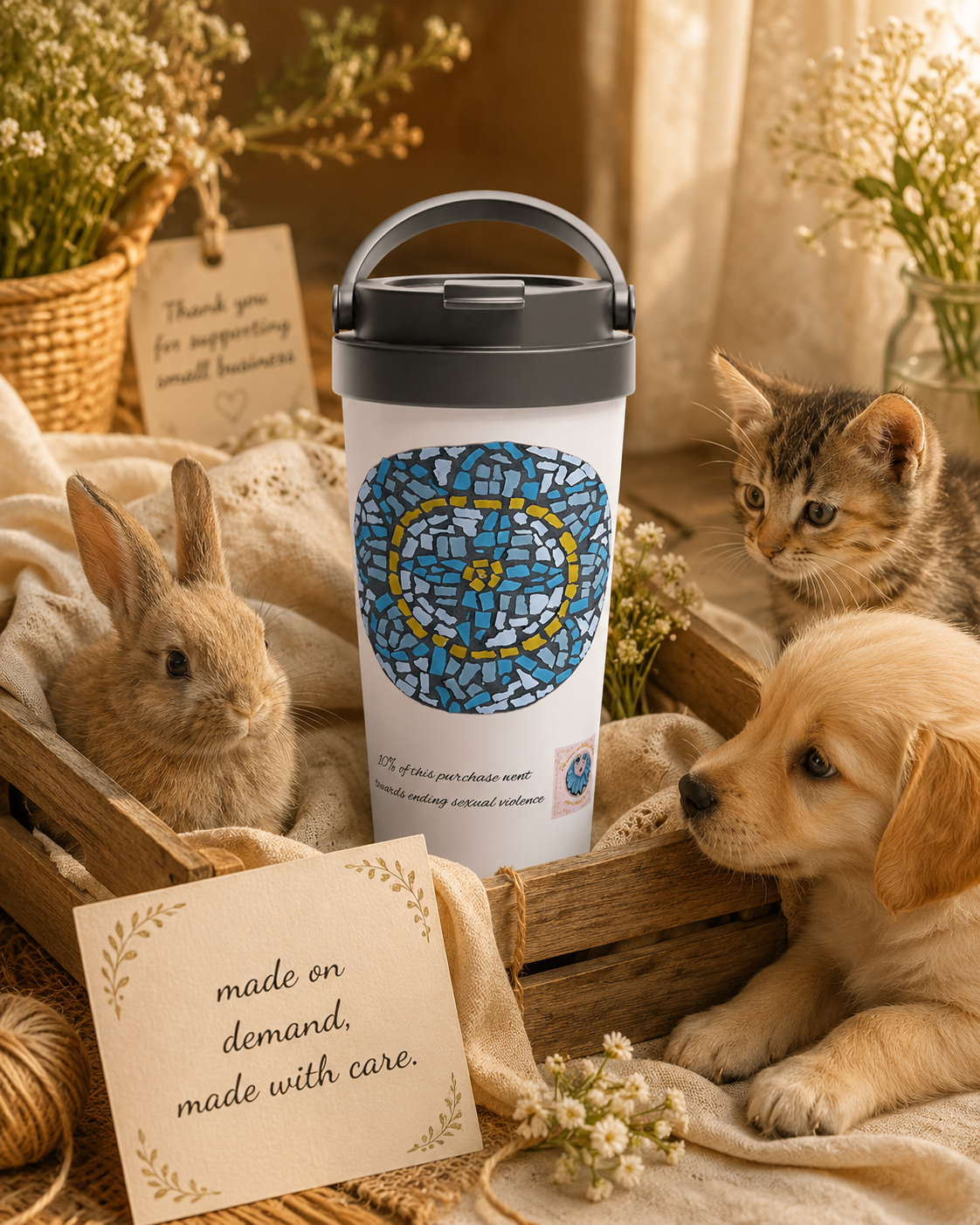 White 15oz Stainless Steel Travel Mug | Mandala Coaster