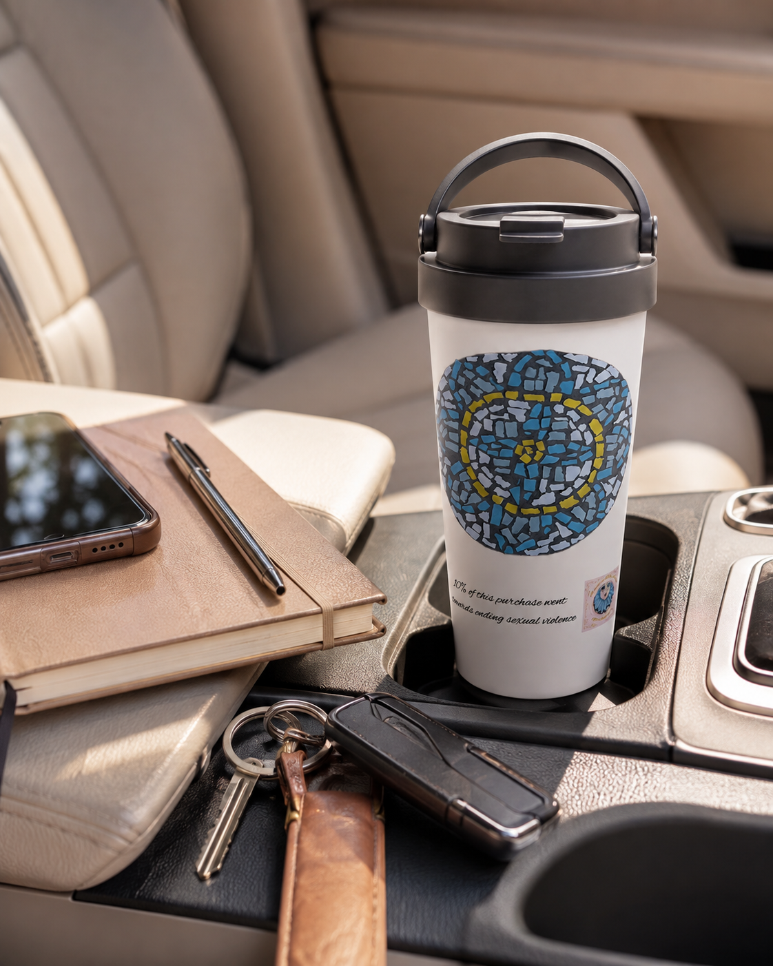 White 15oz Stainless Steel Travel Mug | Mandala Coaster