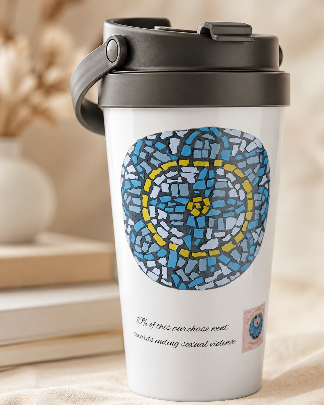 White 15oz Stainless Steel Travel Mug | Mandala Coaster