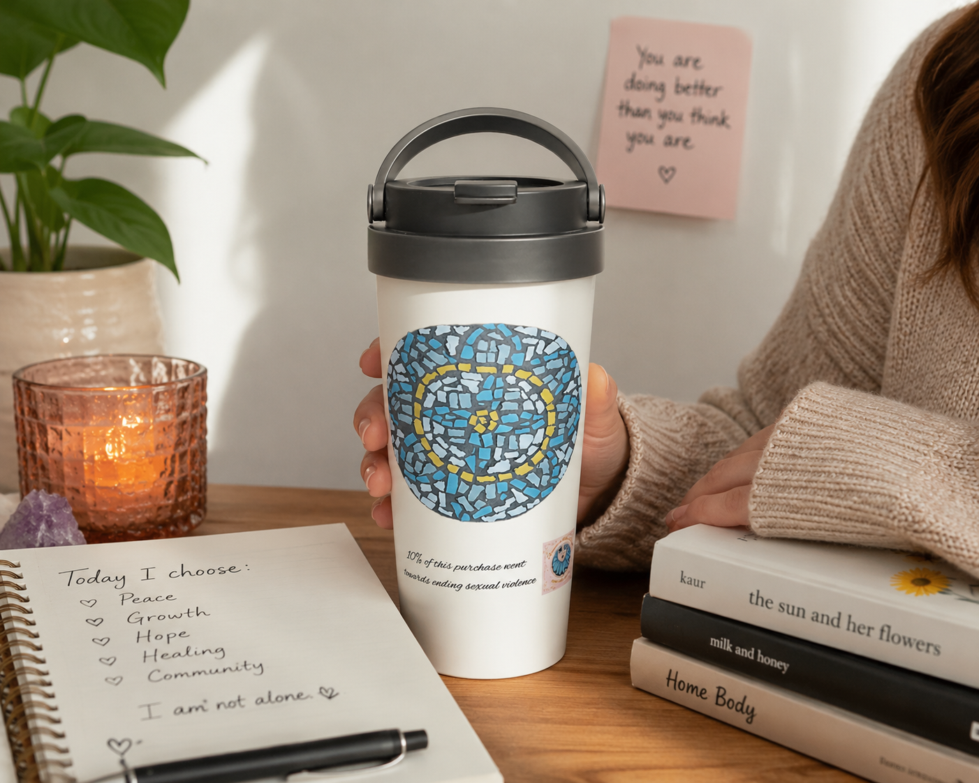 White 15oz Stainless Steel Travel Mug | Mandala Coaster