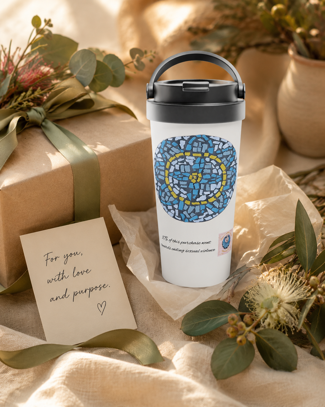 White 15oz Stainless Steel Travel Mug | Mandala Coaster