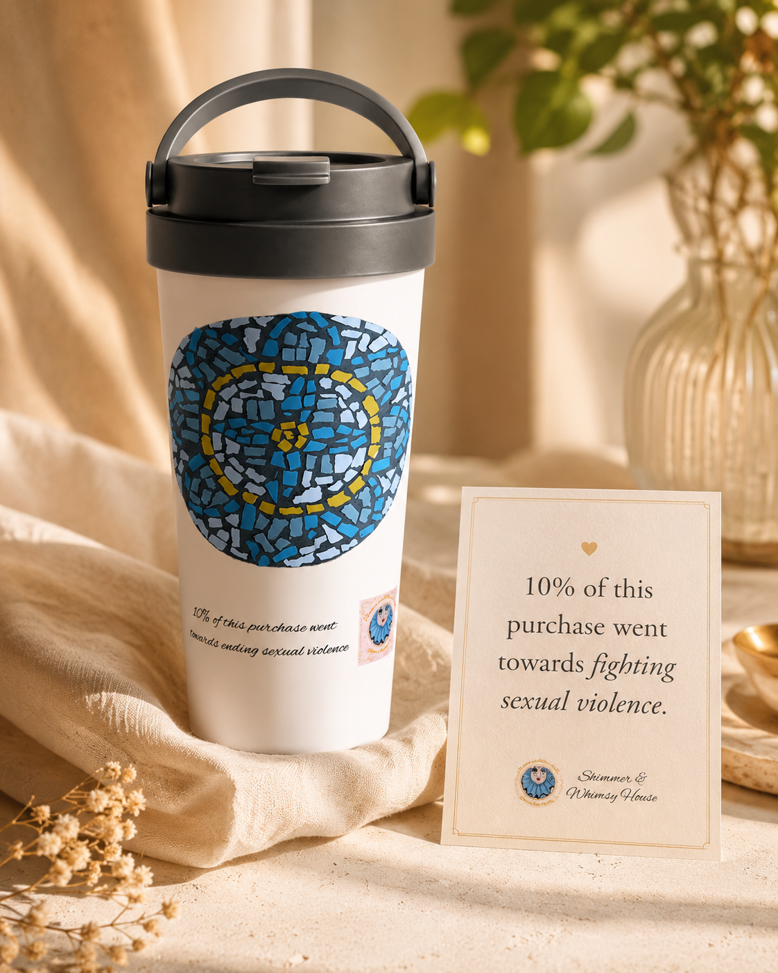 White 15oz Stainless Steel Travel Mug | Mandala Coaster