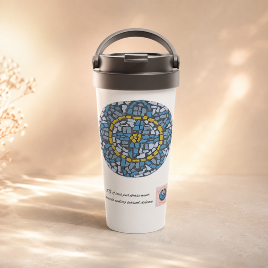 White 15oz Stainless Steel Travel Mug | Mandala Coaster