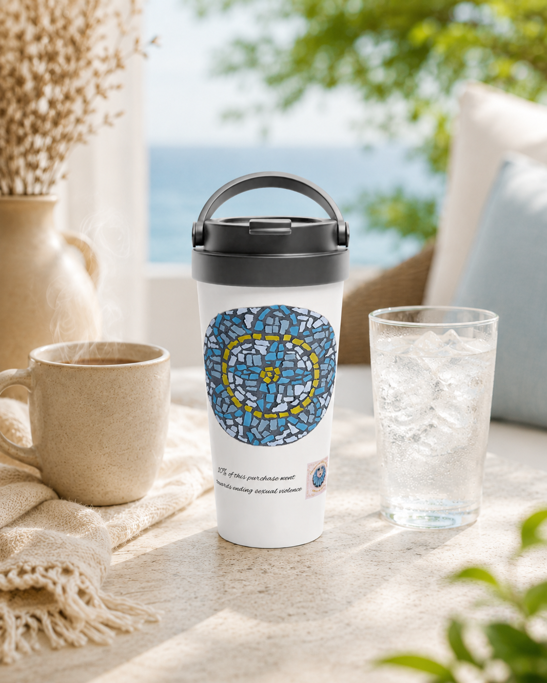 White 15oz Stainless Steel Travel Mug | Mandala Coaster