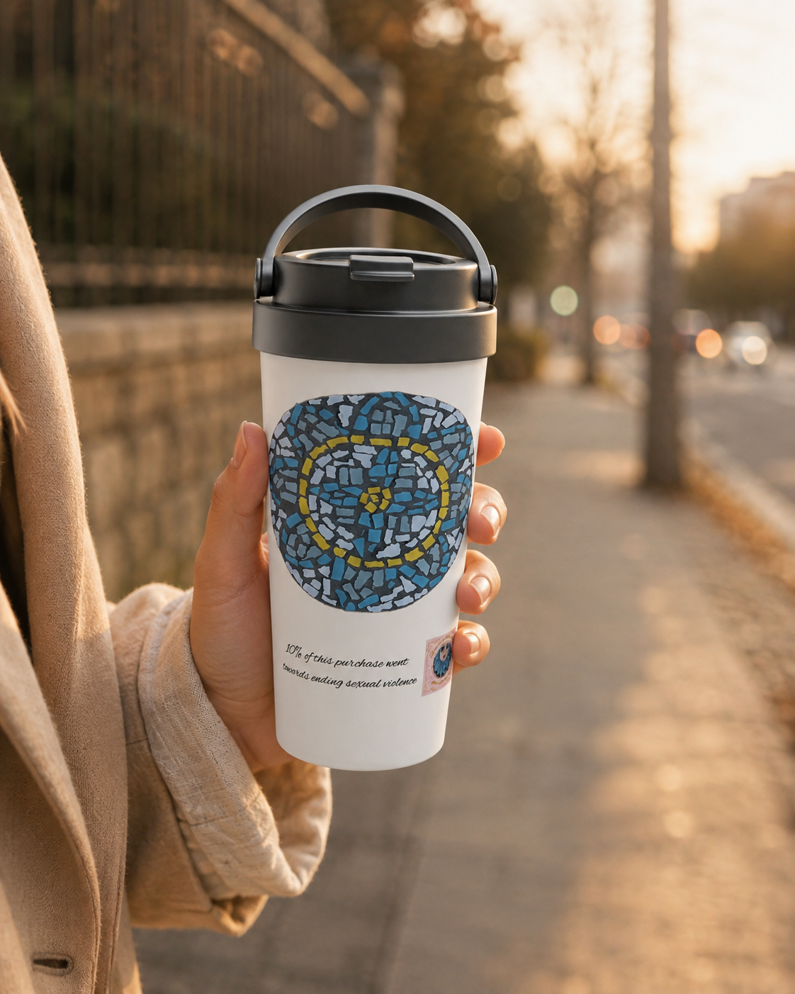 White 15oz Stainless Steel Travel Mug | Mandala Coaster