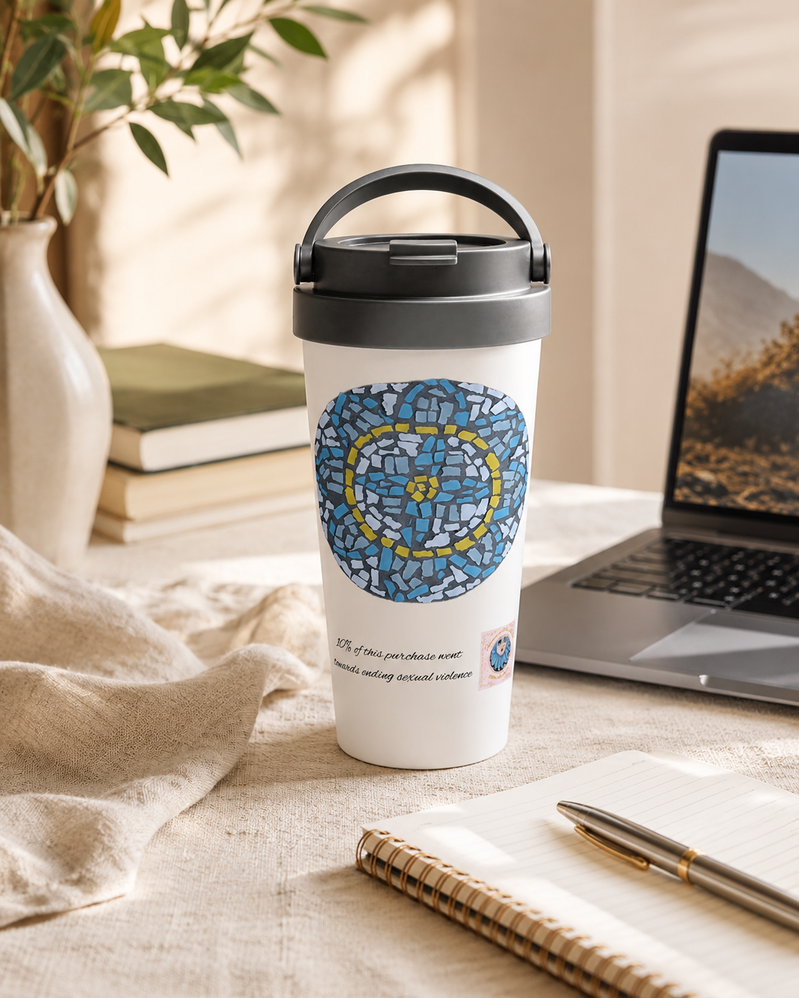 White 15oz Stainless Steel Travel Mug | Mandala Coaster