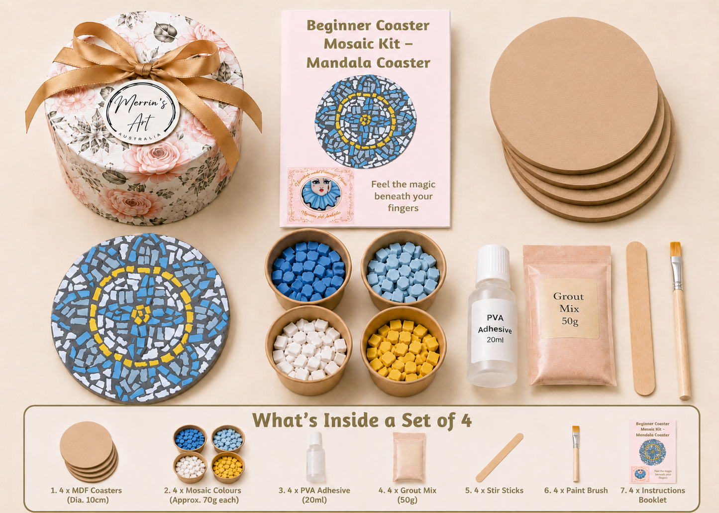 Mandala Coasters Level 1 Physical Kit — Set of 4