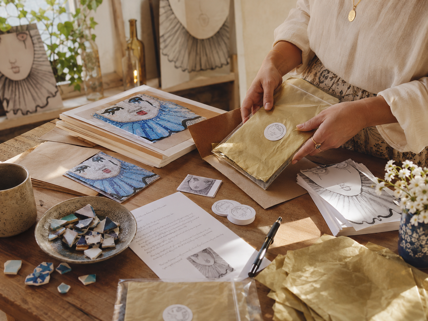 Load video: Australian mosaic artist packing a Mosaic Mail Club parcel with signed prints, handwritten note, sticker and thoughtful packaging.