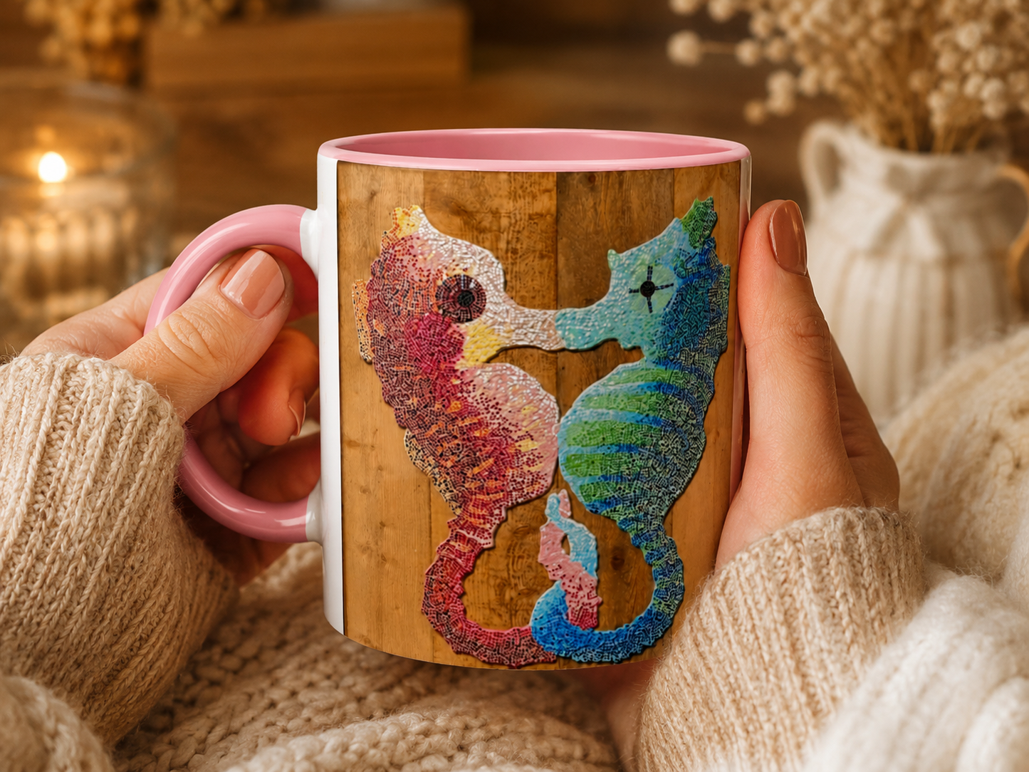 “Our Light Beneath The Waves” Seahorse Mosaic 11oz Ceramic Mug | Ocean Art Mug
