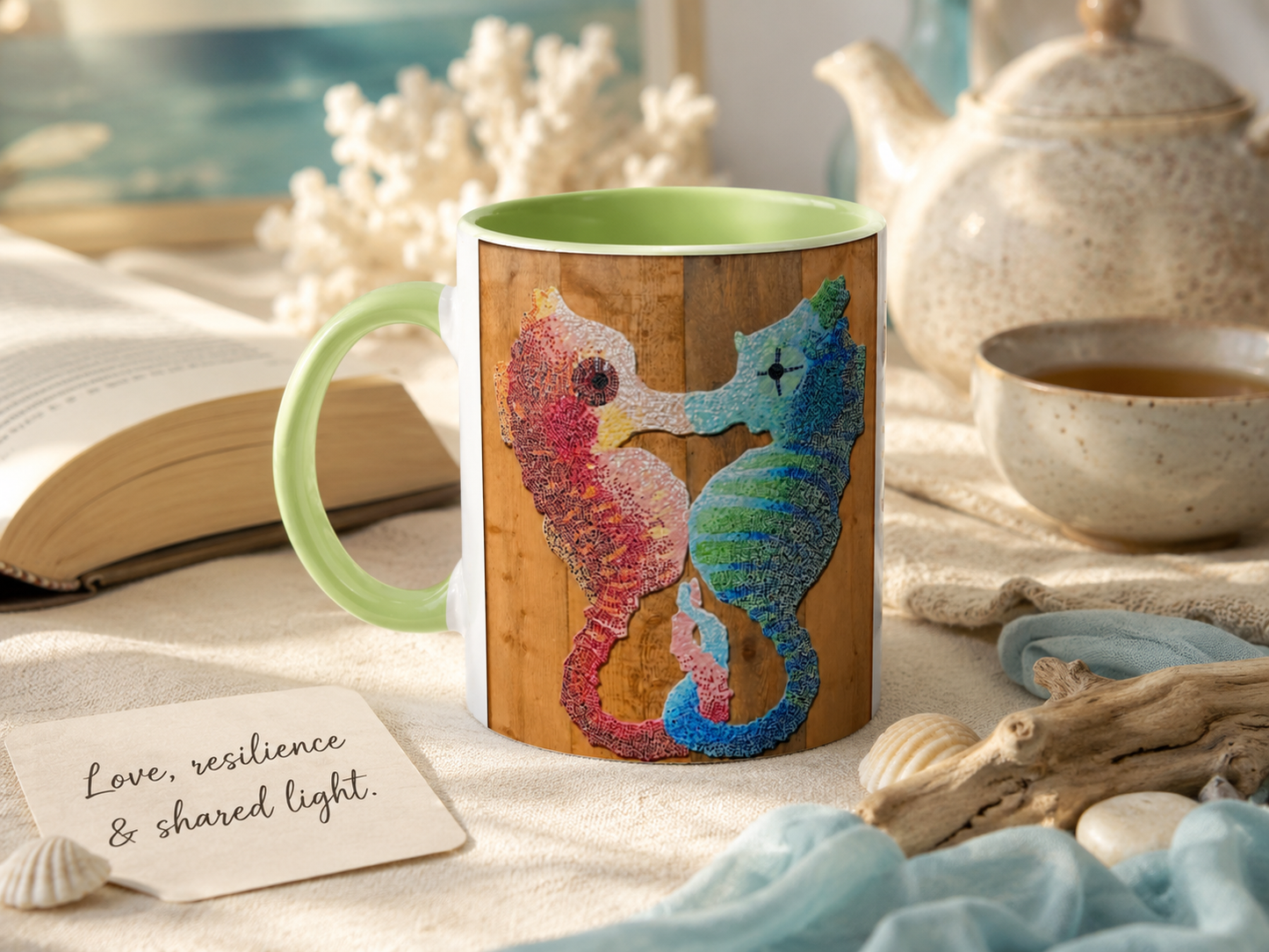 “Our Light Beneath The Waves” Seahorse Mosaic 11oz Ceramic Mug | Ocean Art Mug