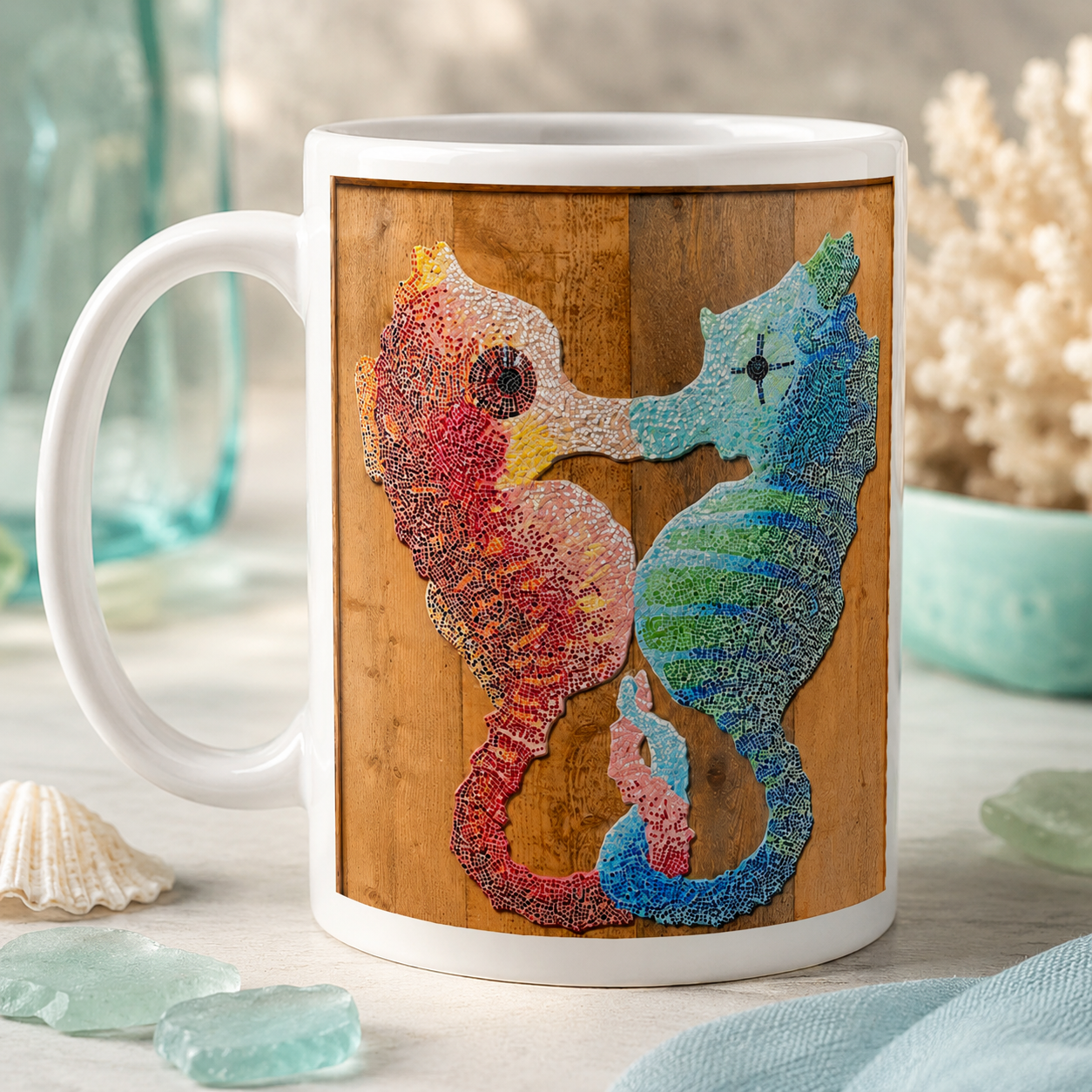 Our Light Beneath The Waves Seahorse Mosaic Mug 15oz | Ocean Art Ceramic Mug