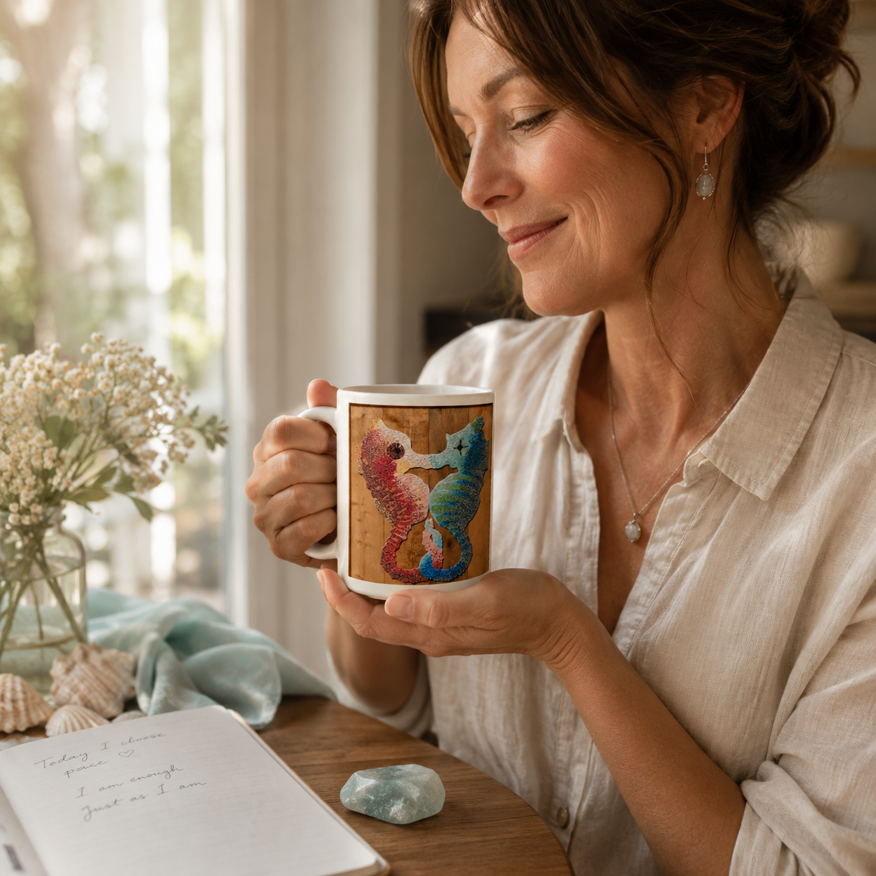 Our Light Beneath The Waves Seahorse Mosaic Mug 15oz | Ocean Art Ceramic Mug