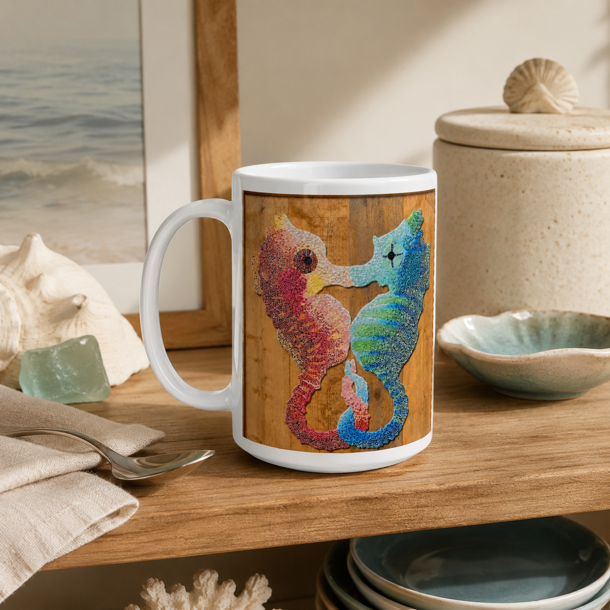 Our Light Beneath The Waves Seahorse Mosaic Mug 15oz | Ocean Art Ceramic Mug