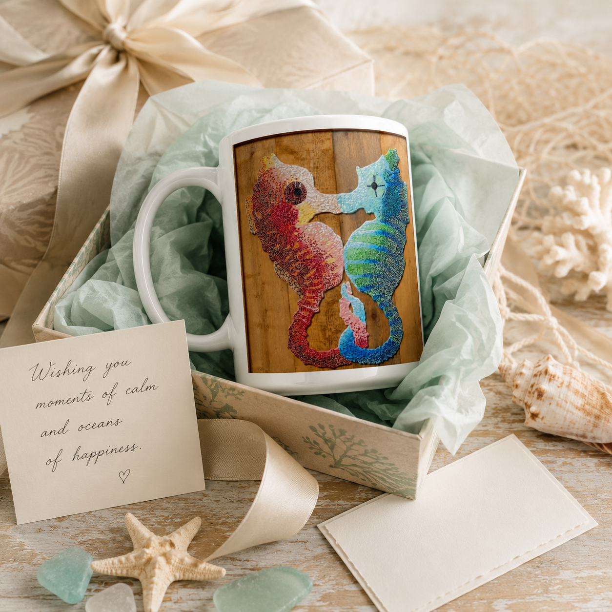 Our Light Beneath The Waves Seahorse Mosaic Mug 15oz | Ocean Art Ceramic Mug