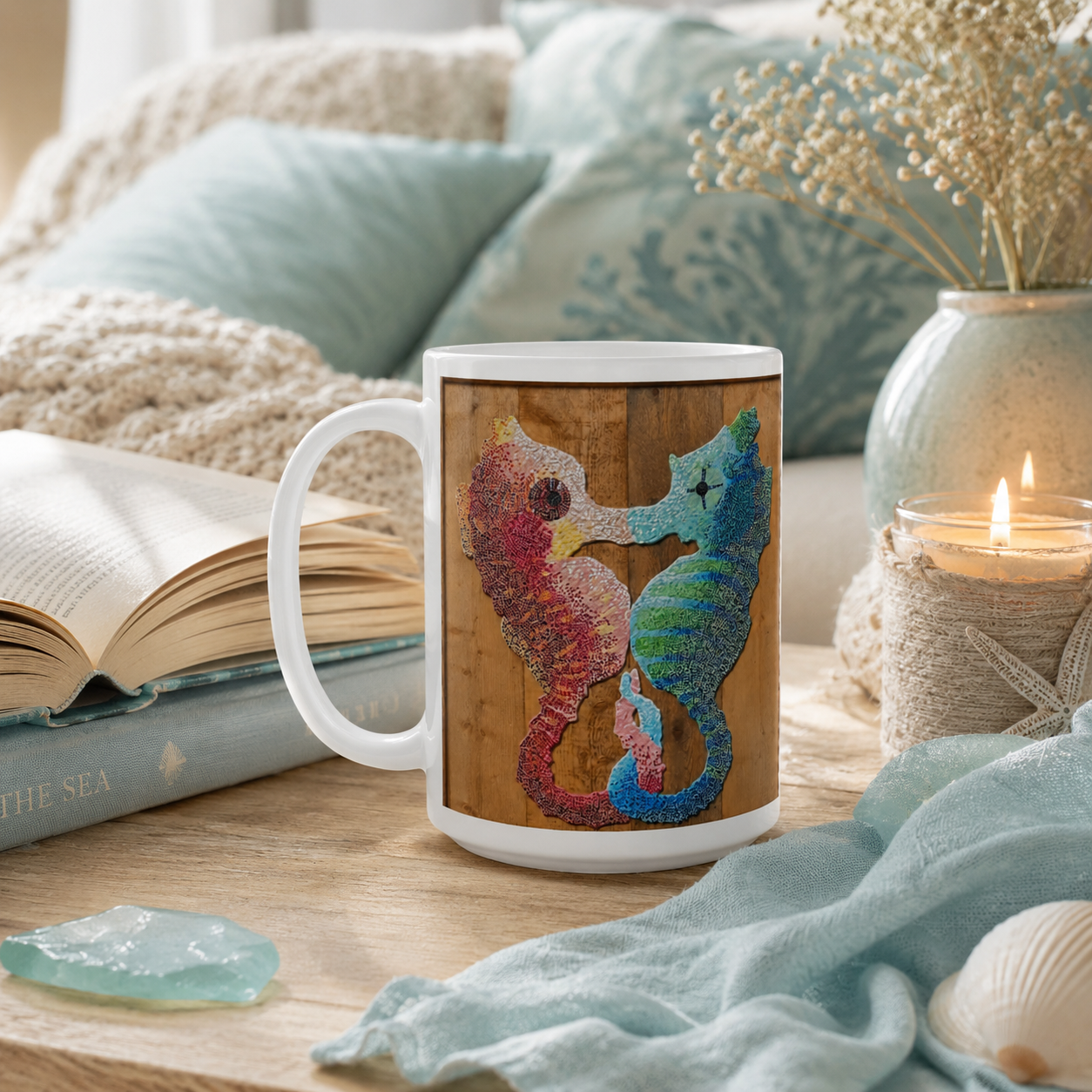 Our Light Beneath The Waves Seahorse Mosaic Mug 15oz | Ocean Art Ceramic Mug