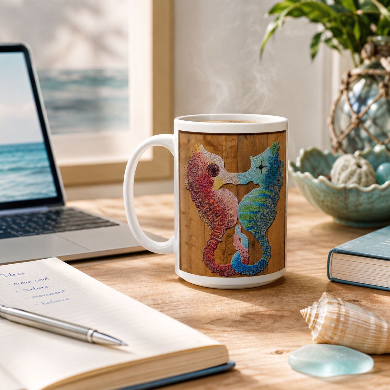 Our Light Beneath The Waves Seahorse Mosaic Mug 15oz | Ocean Art Ceramic Mug