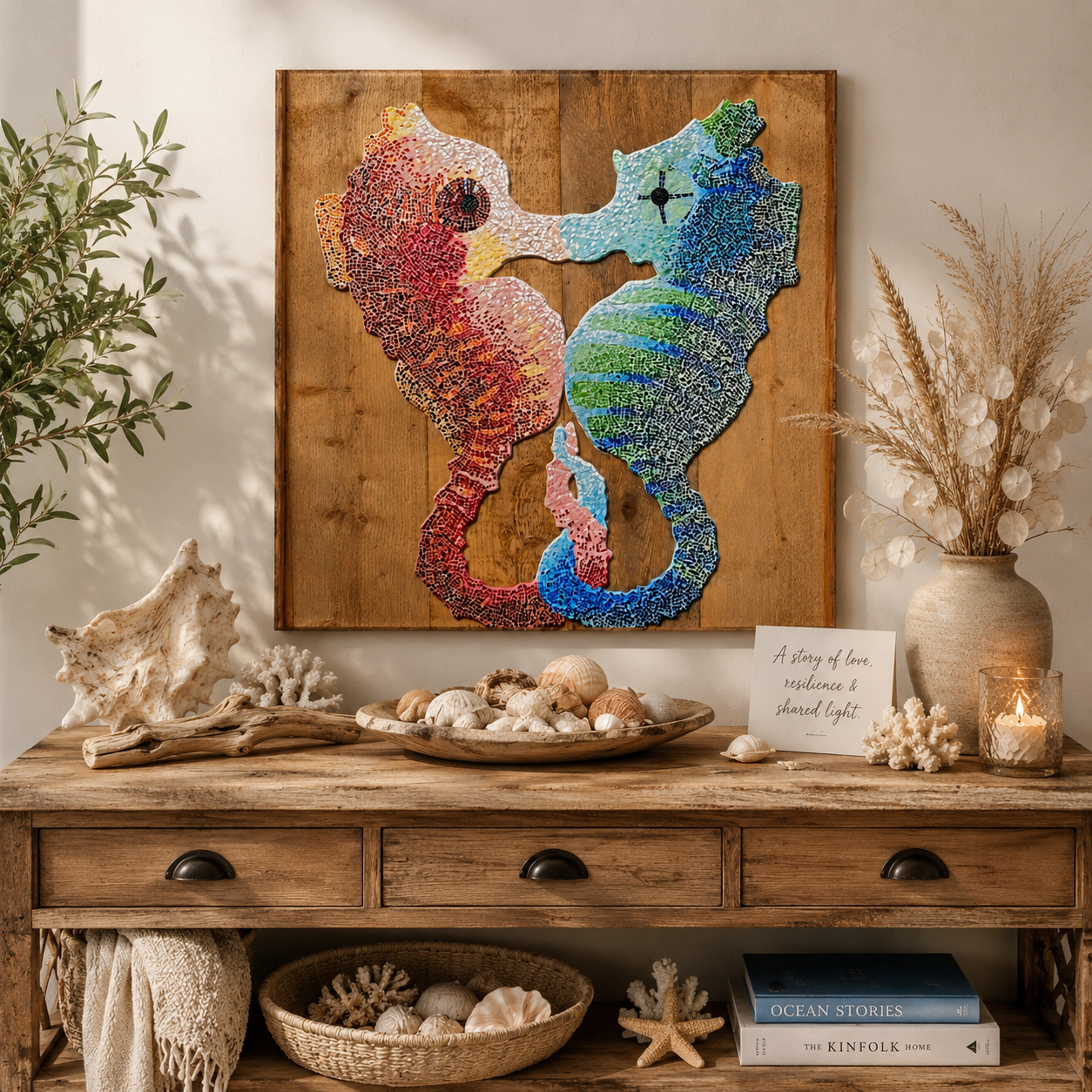 “Our Light Beneath The Waves” Seahorse Mosaic Canvas Print | Ocean Wall Art