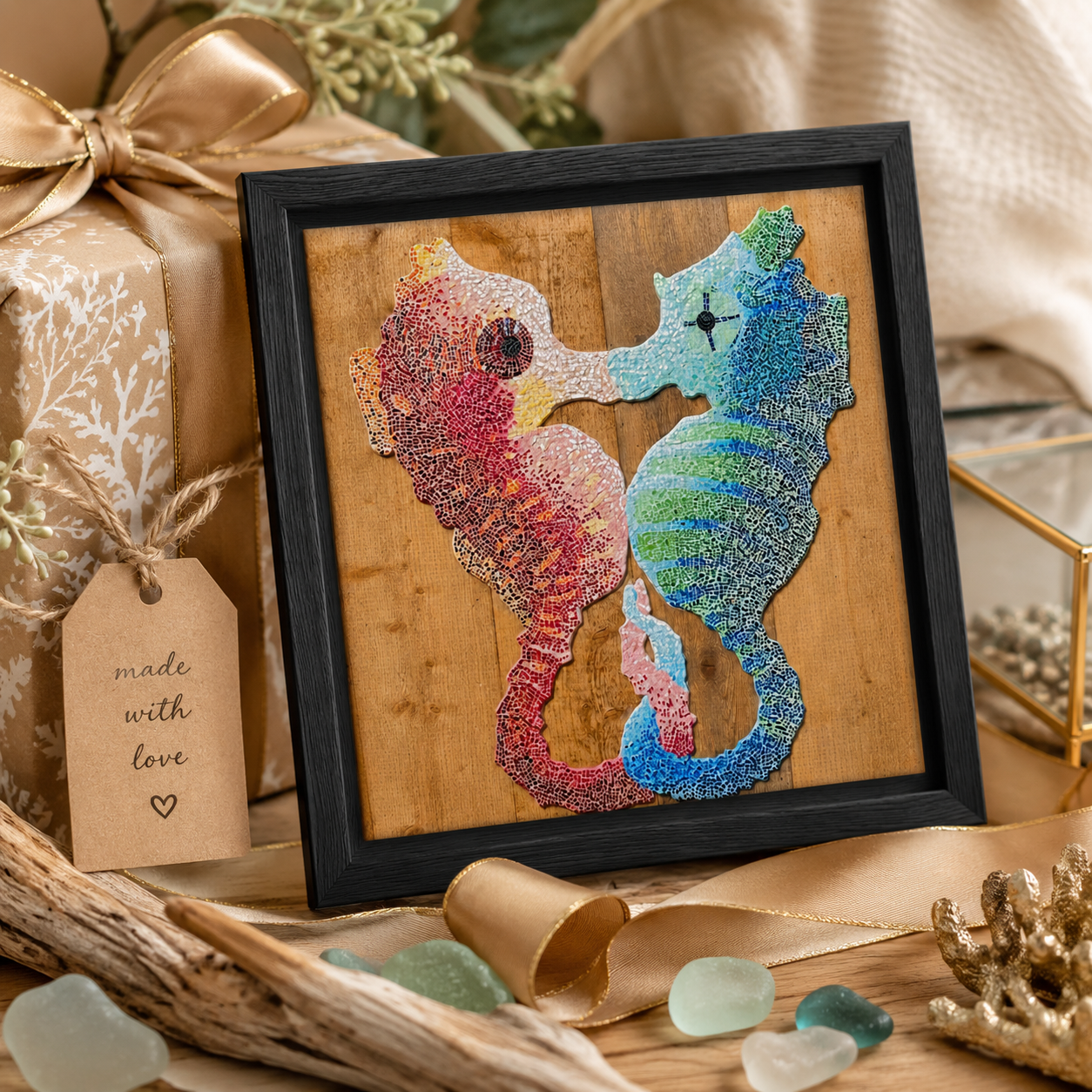 Our Light Beneath The Waves Seahorse Mosaic Framed Canvas Print