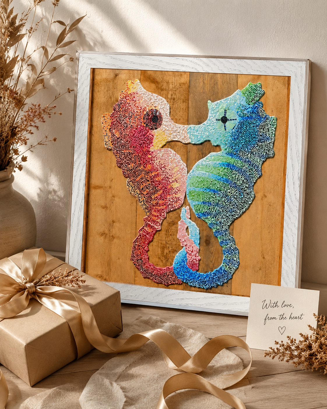 “Our Light Beneath The Waves” Seahorse Mosaic Framed Poster | Ocean Wall Art