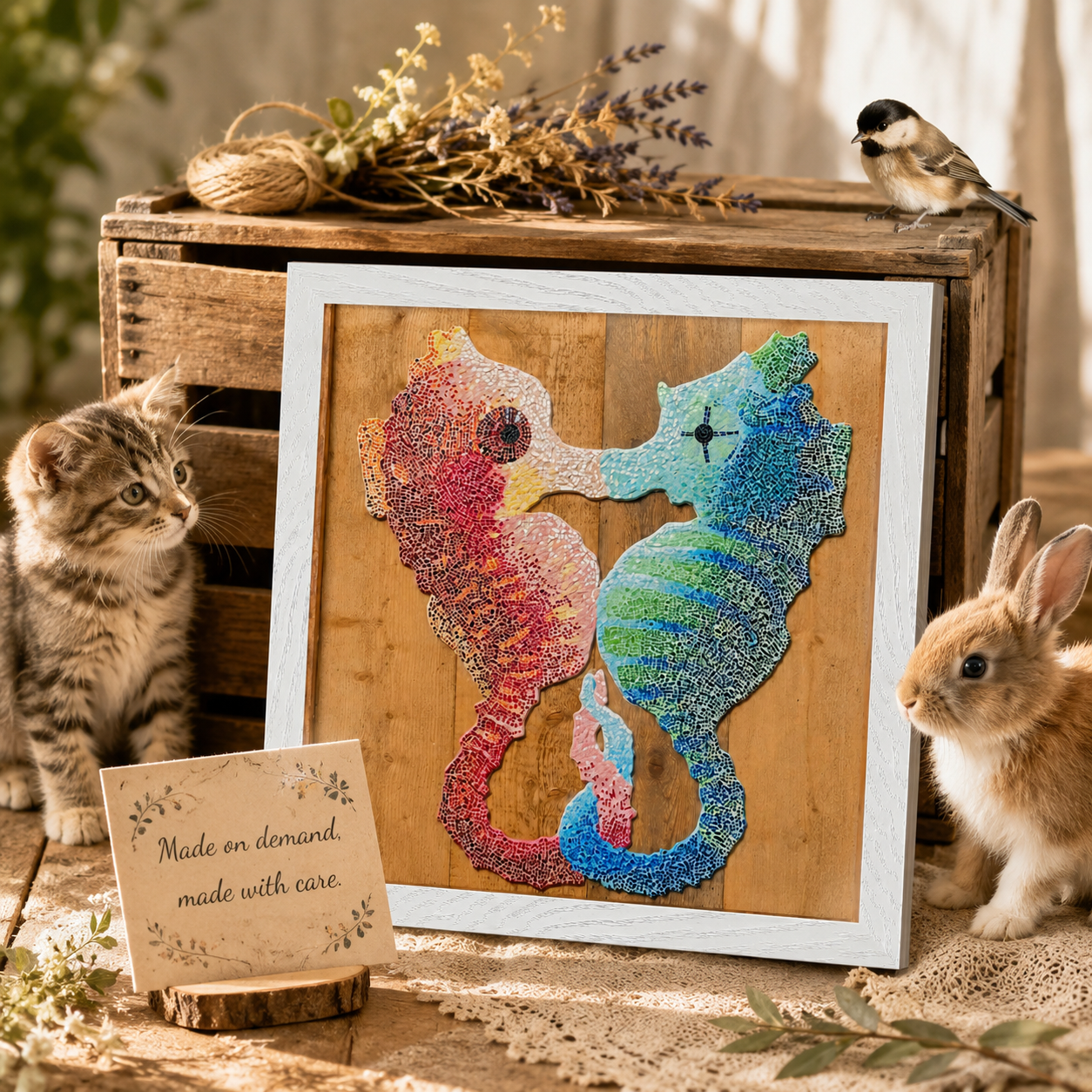 “Our Light Beneath The Waves” Seahorse Mosaic Framed Poster | Ocean Wall Art