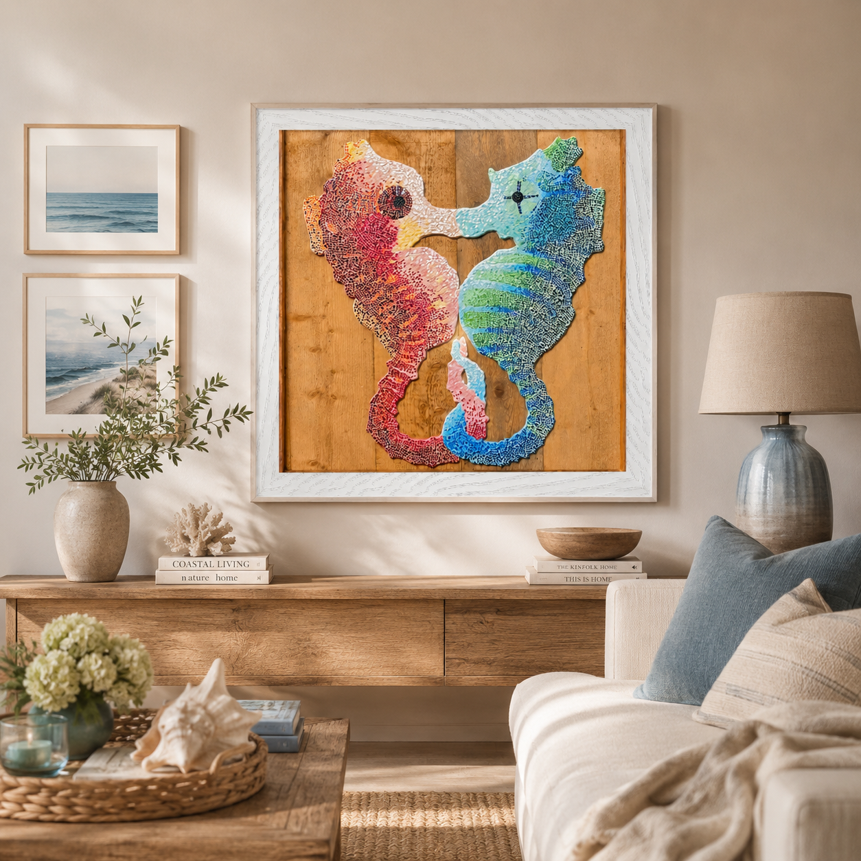 “Our Light Beneath The Waves” Seahorse Mosaic Framed Poster | Ocean Wall Art