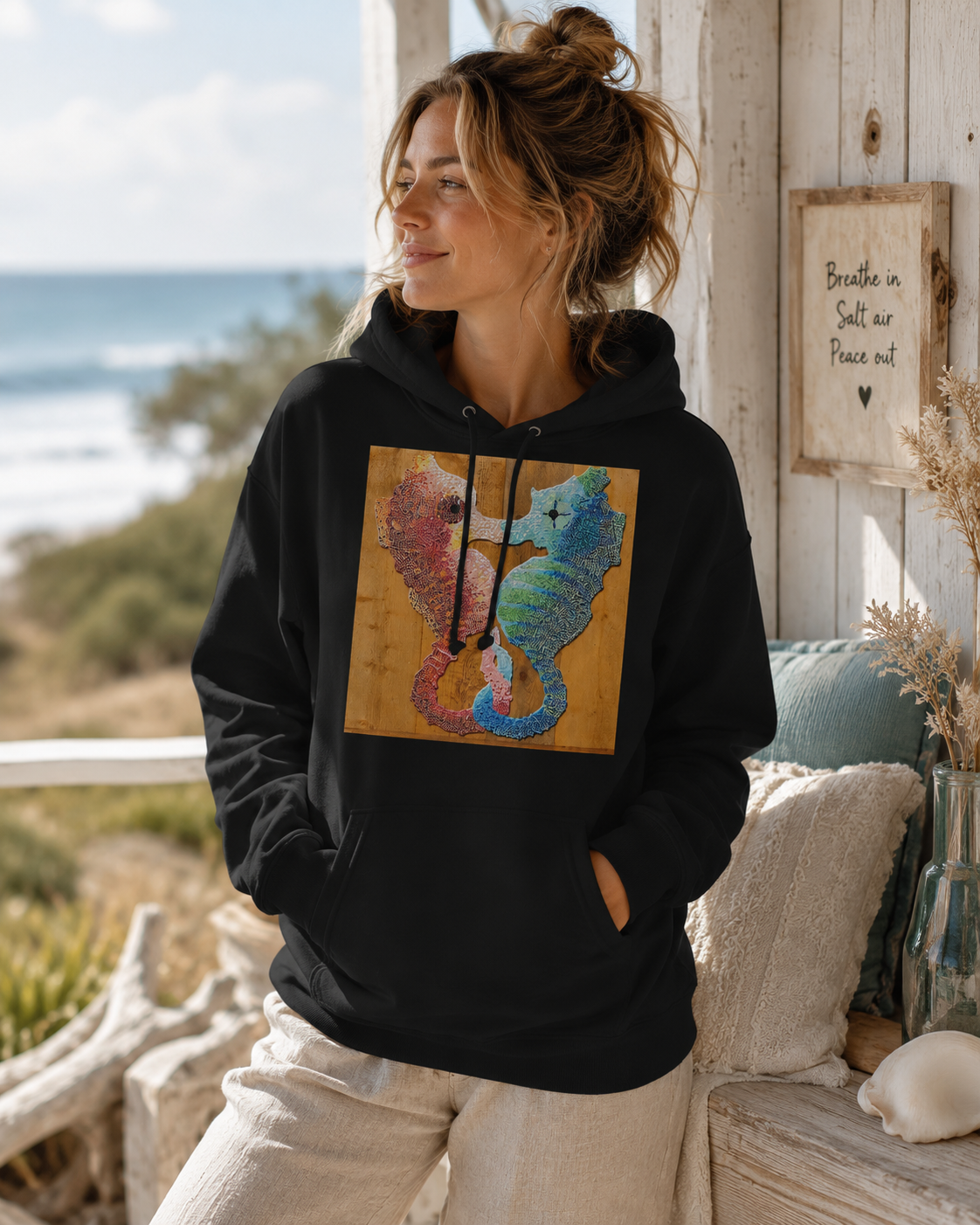 Our Light Beneath the Waves Seahorse Mosaic Hoodie | Ocean-Inspired Wearable Art