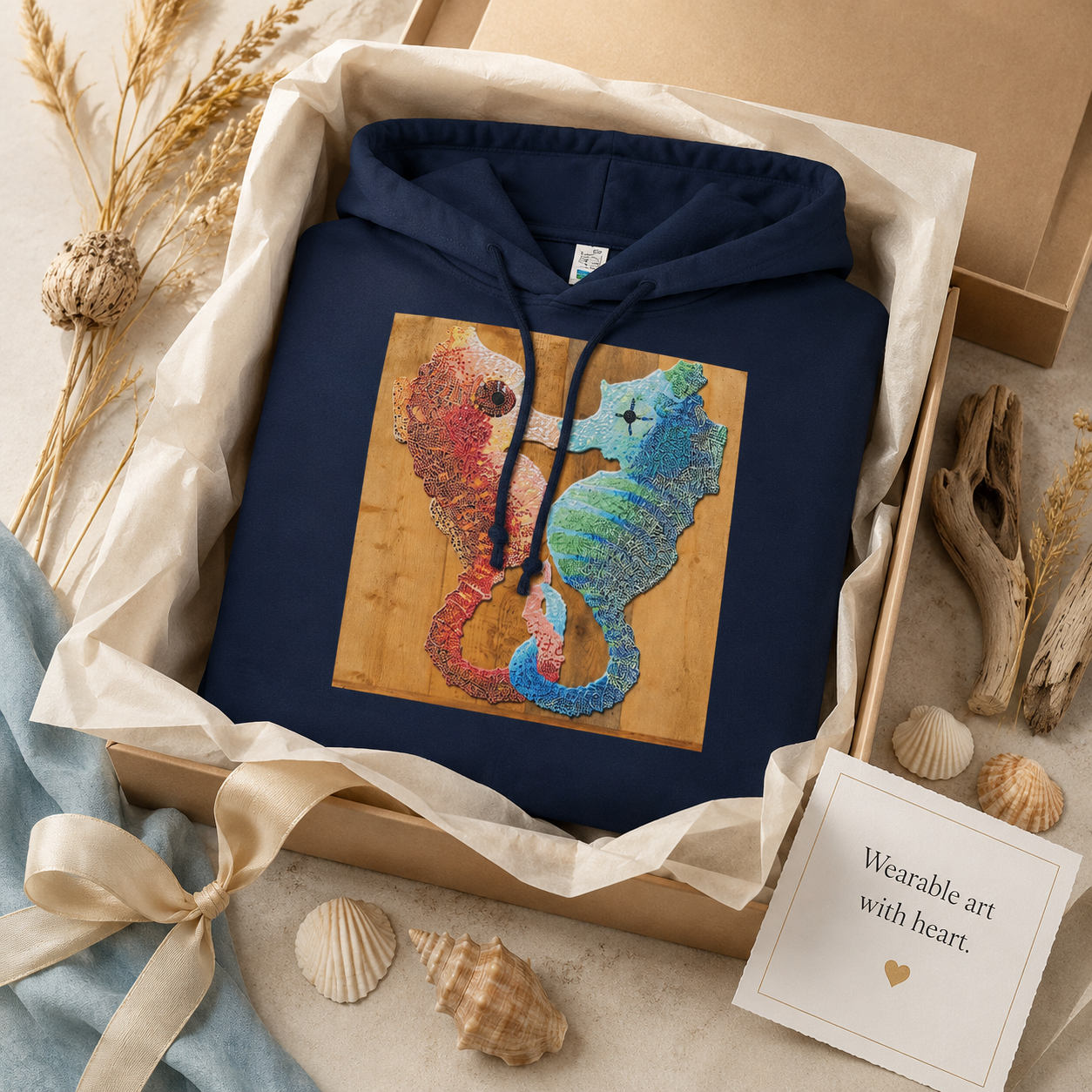 Our Light Beneath the Waves Seahorse Mosaic Hoodie | Ocean-Inspired Wearable Art