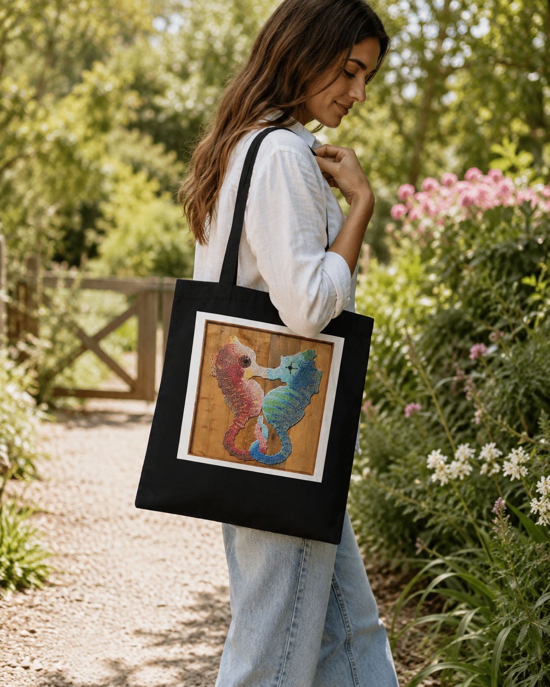 “Our Light Beneath The Waves” Seahorse Mosaic Eco Tote Bag | Ocean Art Tote