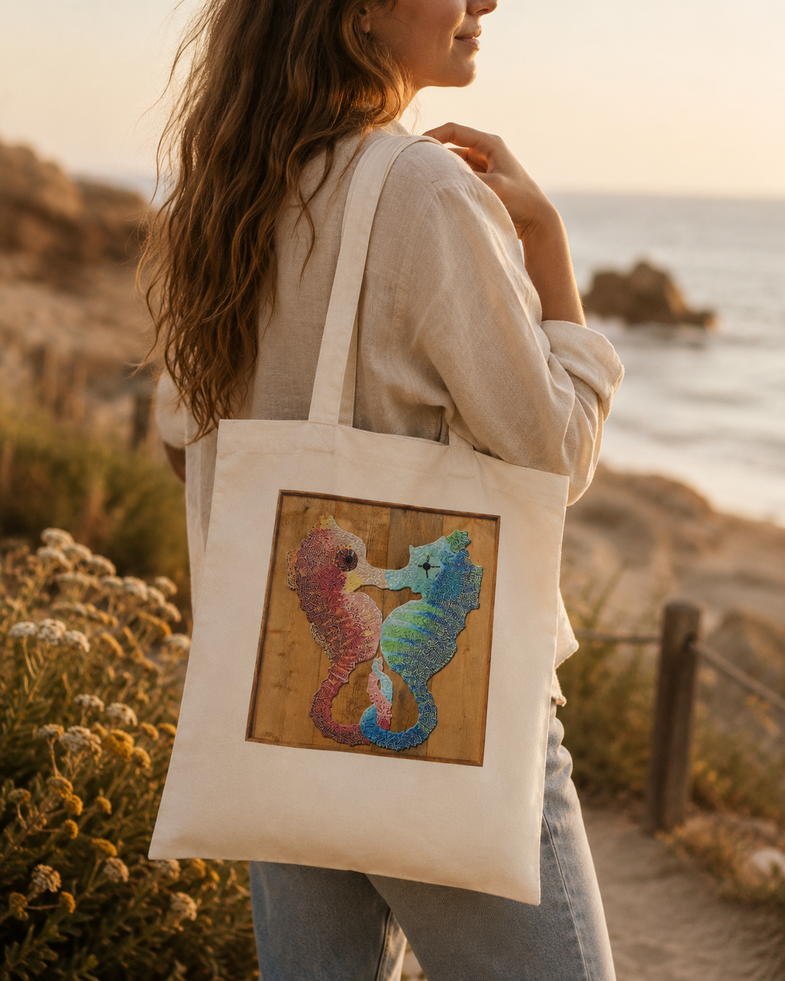 “Our Light Beneath The Waves” Seahorse Mosaic Eco Tote Bag | Ocean Art Tote