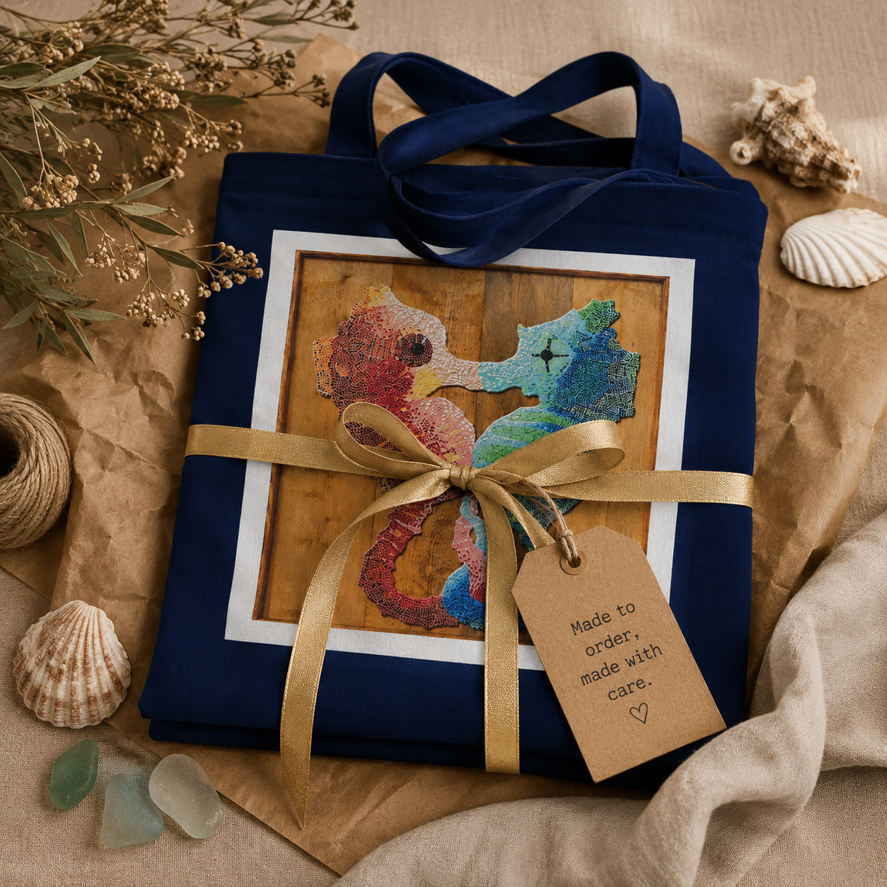 “Our Light Beneath The Waves” Seahorse Mosaic Eco Tote Bag | Ocean Art Tote