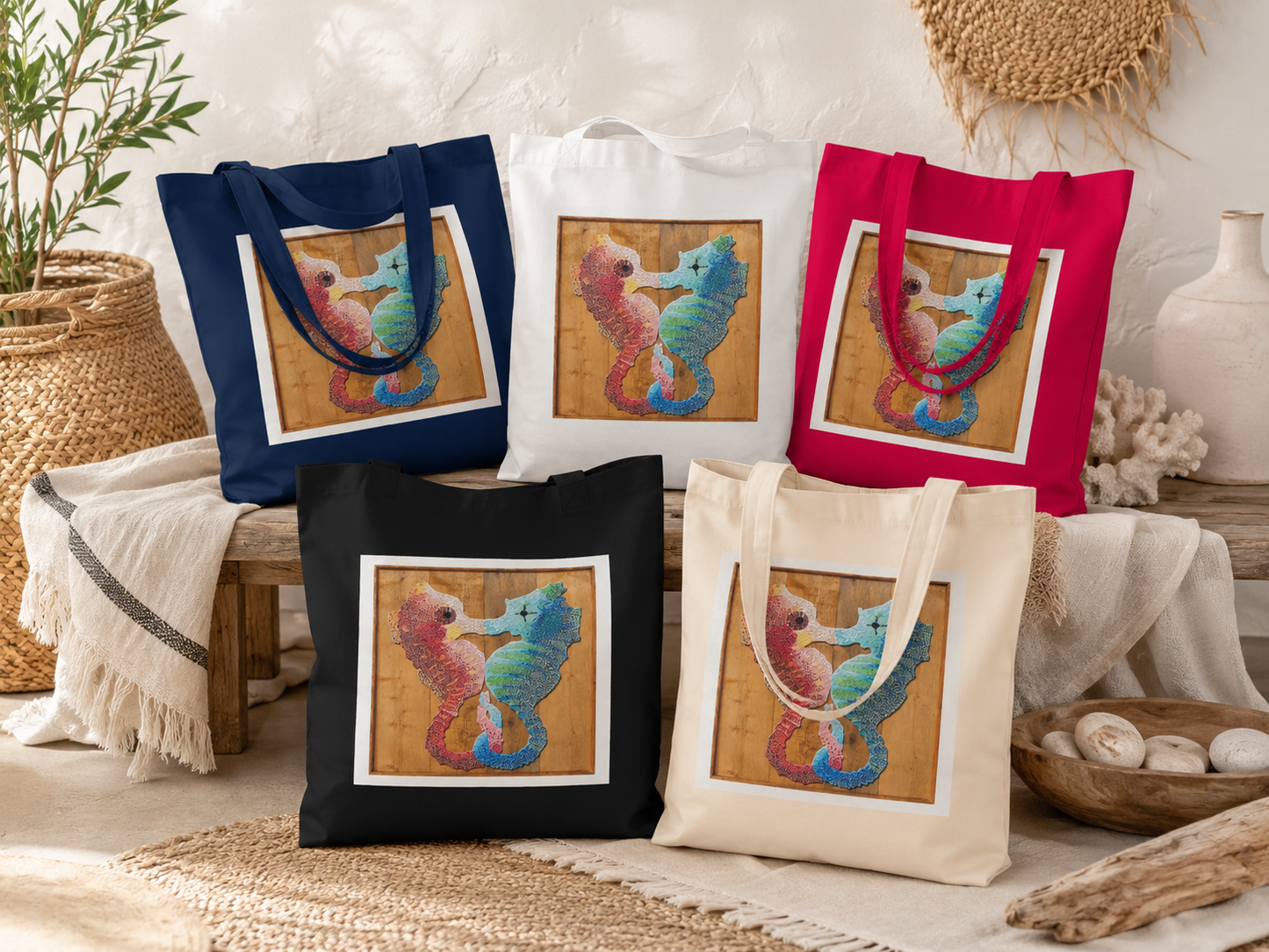 “Our Light Beneath The Waves” Seahorse Mosaic Eco Tote Bag | Ocean Art Tote