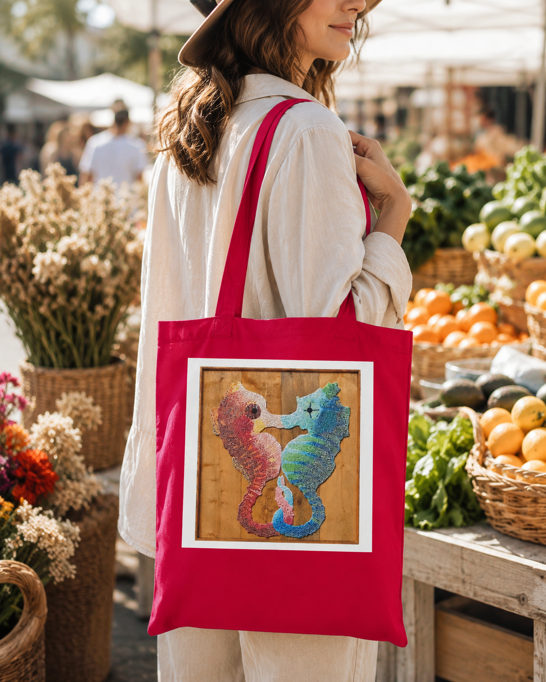 “Our Light Beneath The Waves” Seahorse Mosaic Eco Tote Bag | Ocean Art Tote