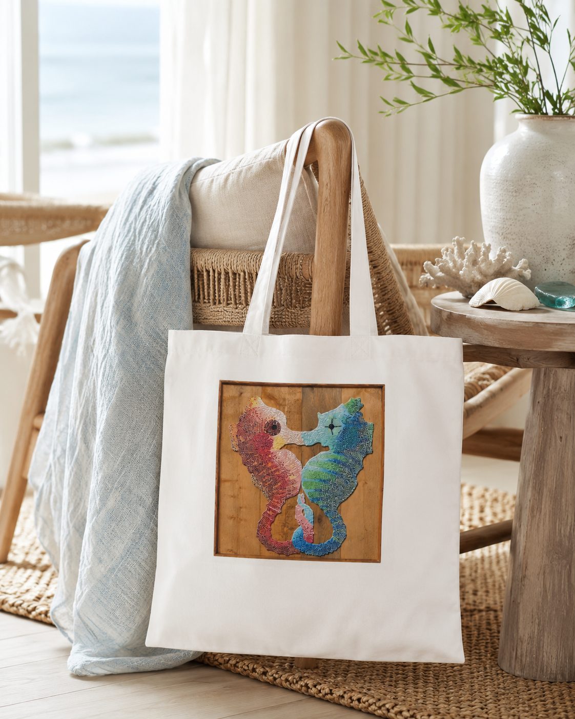 “Our Light Beneath The Waves” Seahorse Mosaic Eco Tote Bag | Ocean Art Tote