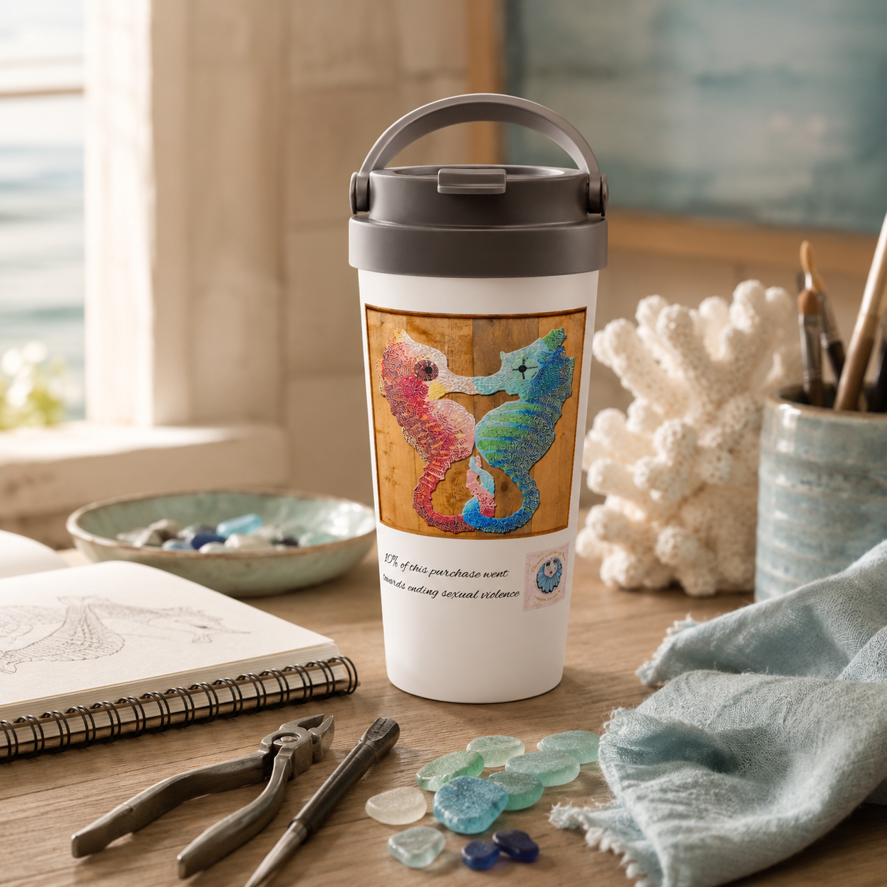 Our Light Beneath The Waves Seahorse Mosaic 15oz Travel Mug