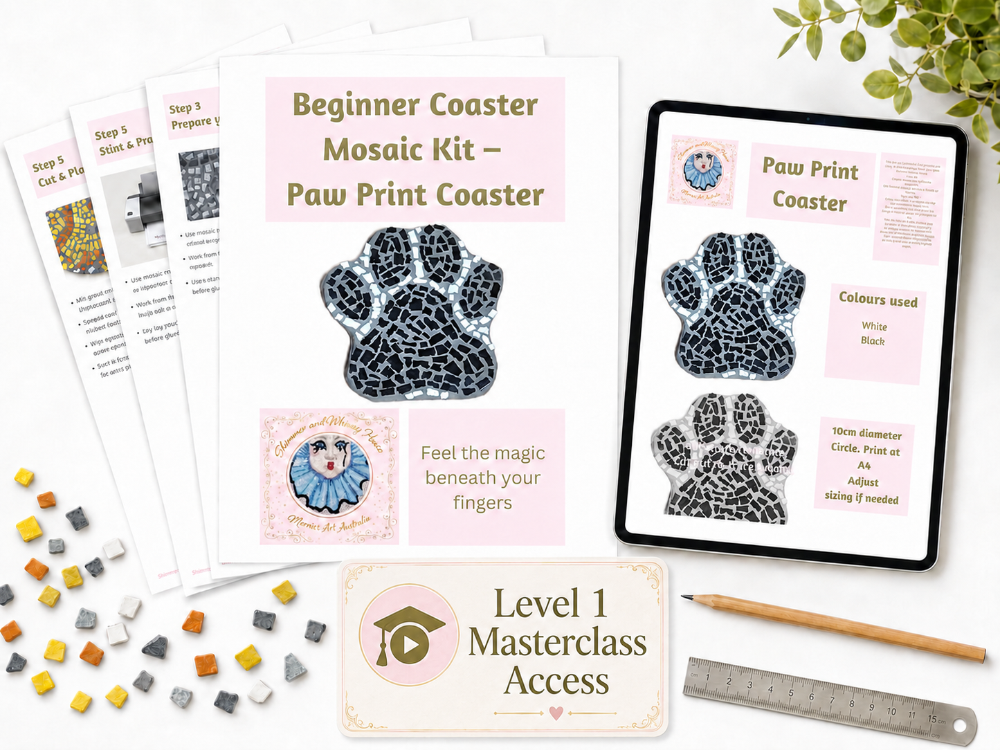 Paw Print Mosaic Coaster DIY Kit – 10cm Shaped | Beginner-Friendly  | 🌱 Level 1