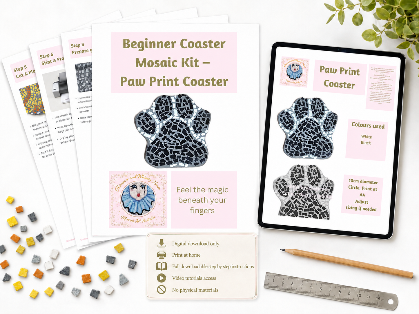Paw Print Mosaic Coaster DIY Kit – 10cm Shaped | Beginner-Friendly  | 🌱 Level 1