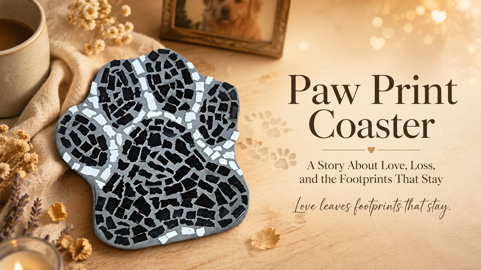 Load video: Tender hero banner video for a handmade mosaic paw print coaster, capturing the story of love, loss, healing, and the enduring bond between people and pets.