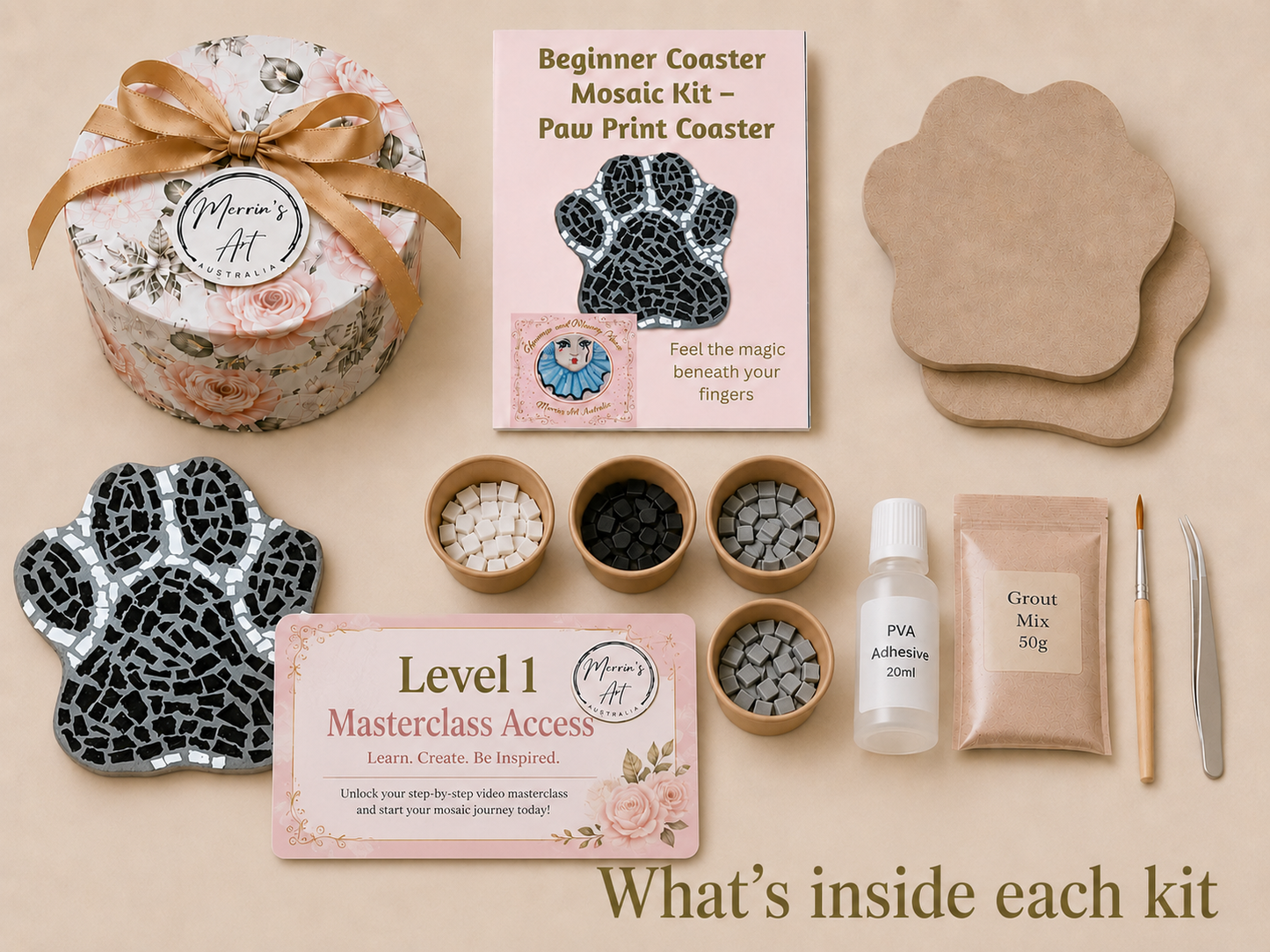 Paw Print Mosaic Coaster DIY Kit – 10cm Shaped | Beginner-Friendly  | 🌱 Level 1