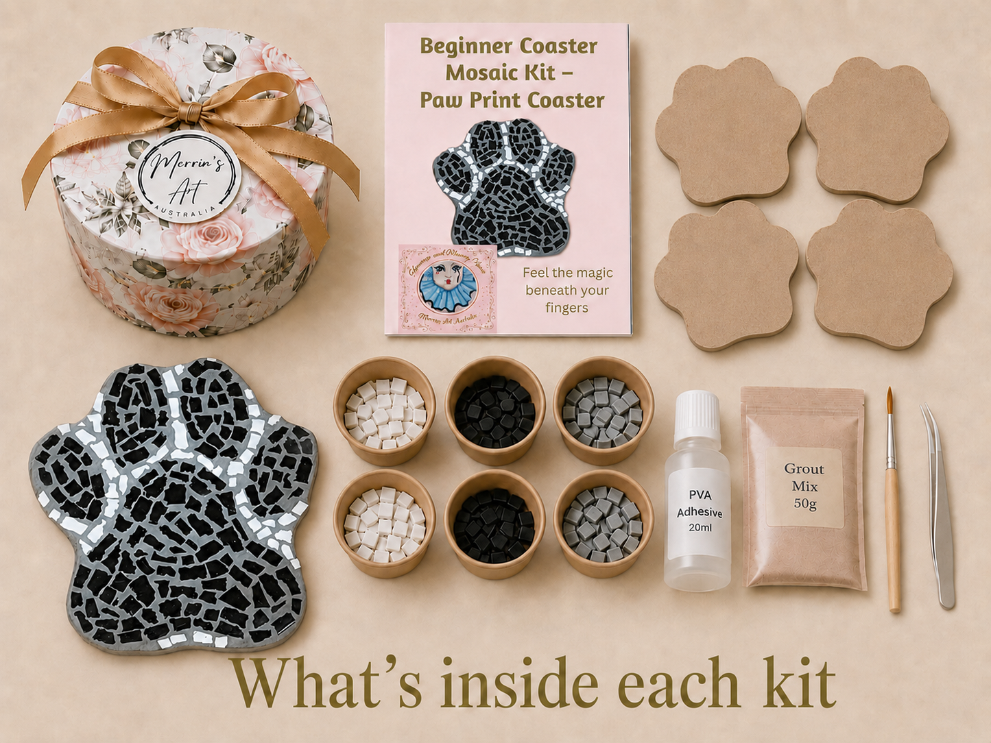 Paw Print Mosaic Coaster DIY Kit – 10cm Shaped | Beginner-Friendly  | 🌱 Level 1